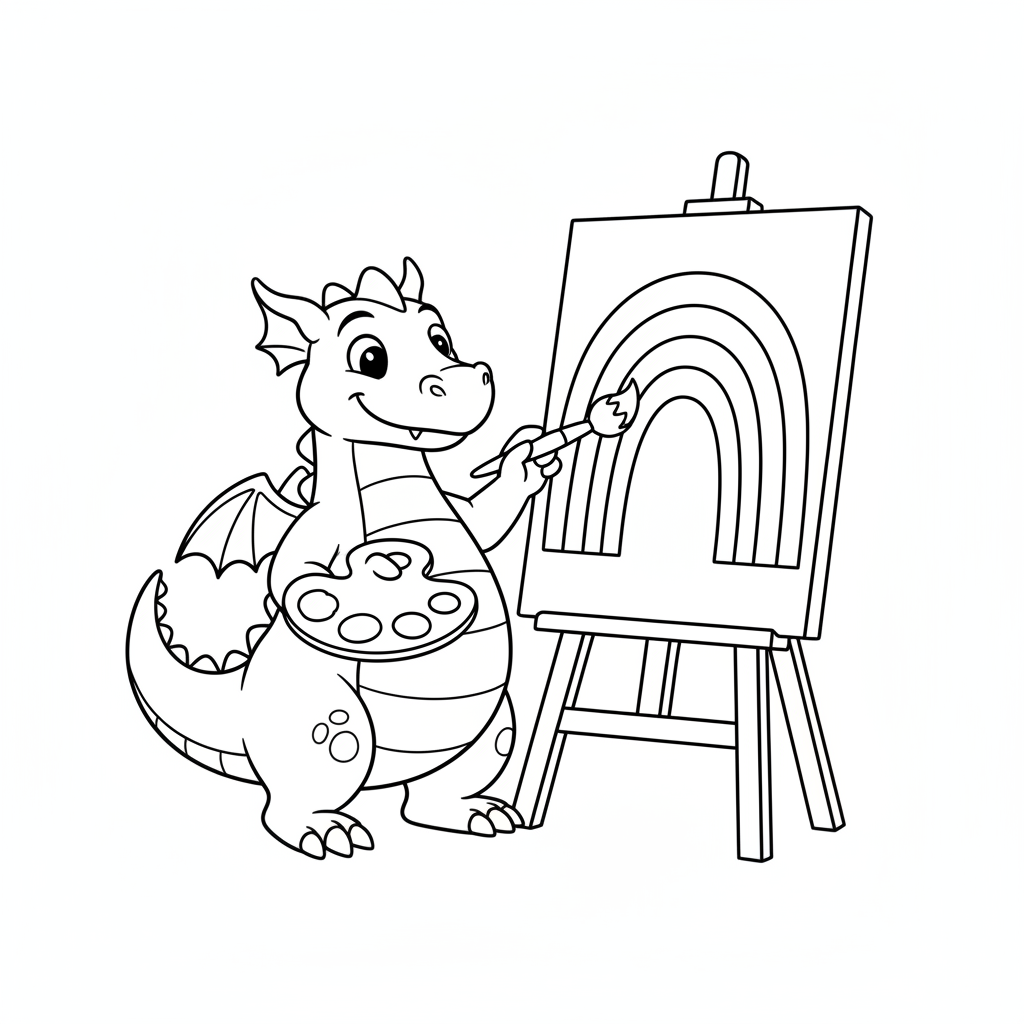 Freundlicher Drache malt Regenbogen