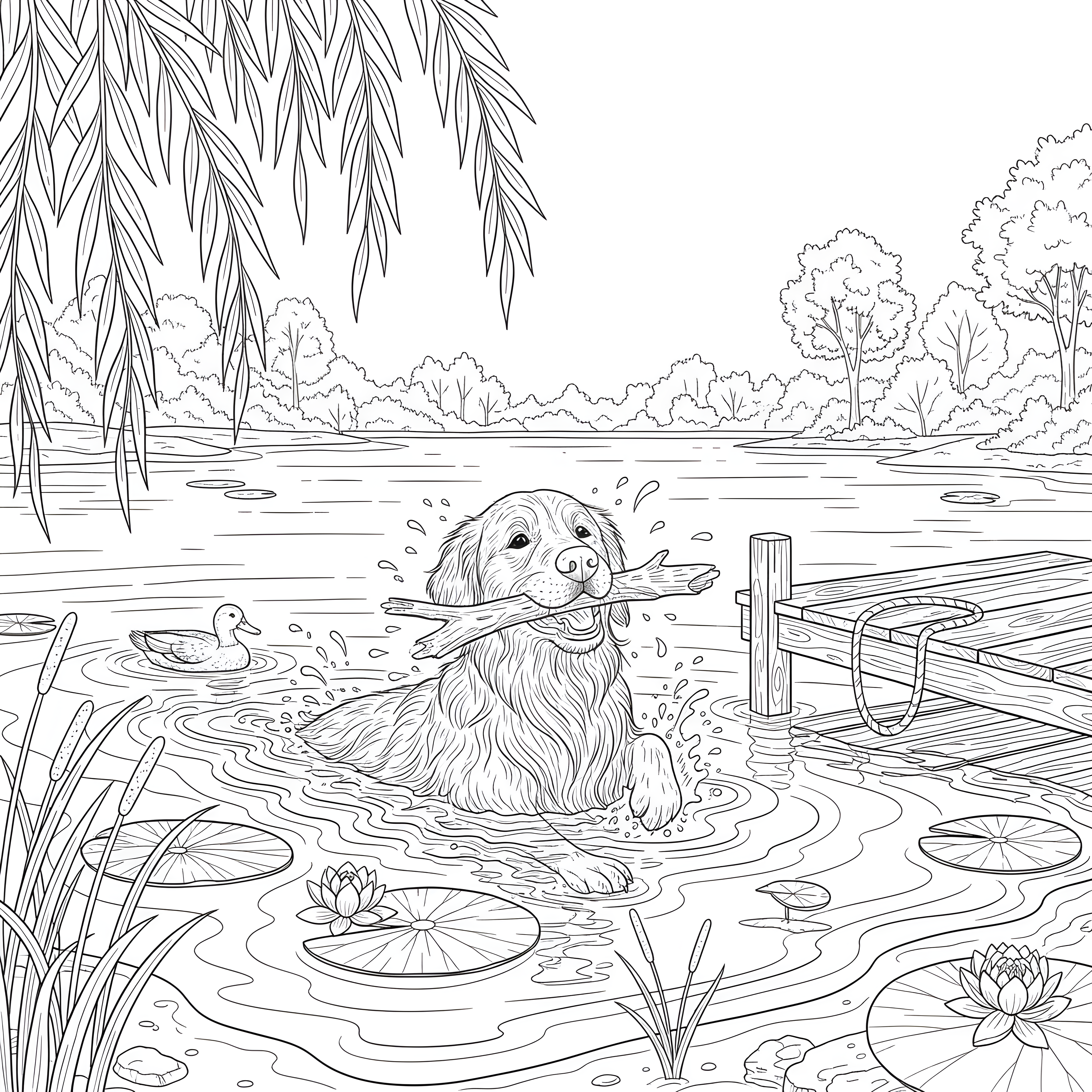 Golden Retriever schwimmt im See mit Stock im Maul