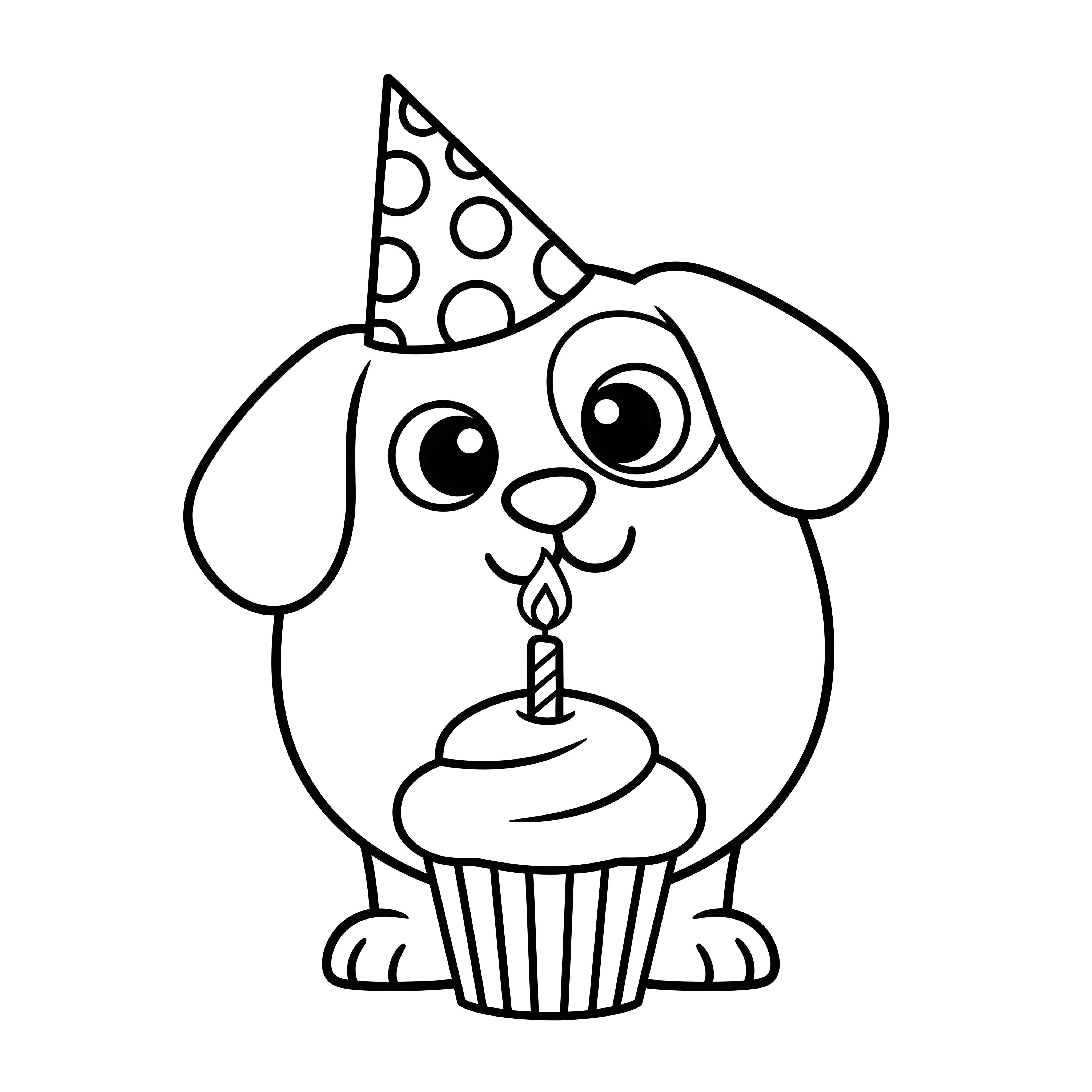 Hund mit Partyhut und Cupcake zum Ausmalen