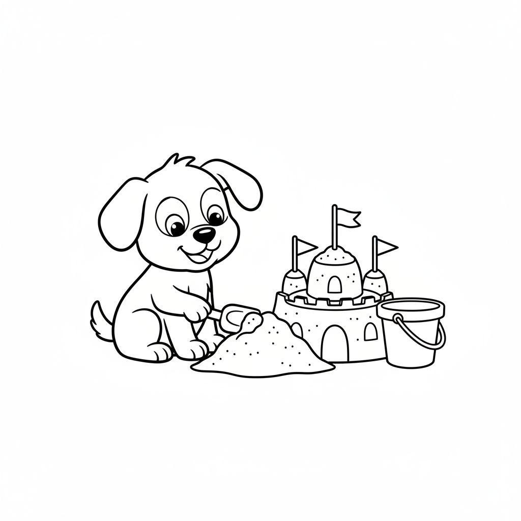 Hund mit Sandburg und Eimer