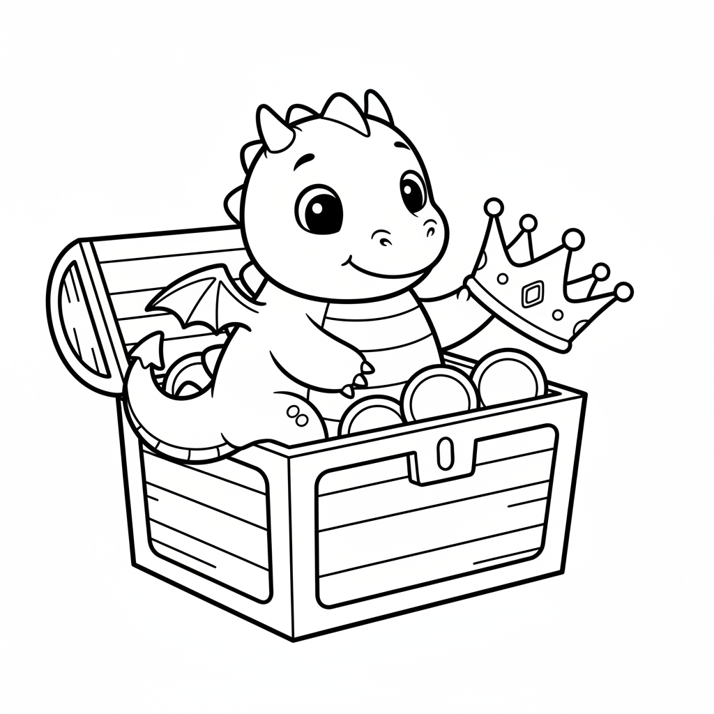 Baby Drache sitzt in offener Schatztruhe