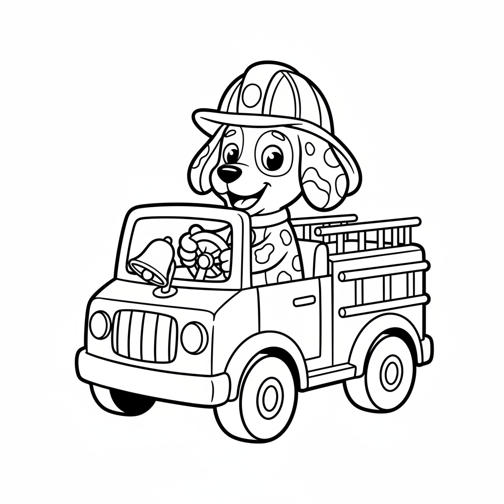 Ausmalbild Dalmatiner im Feuerwehrauto