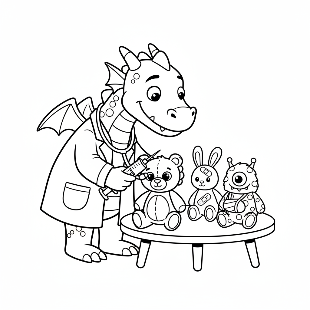 Drache-Arzt mit Stofftieren