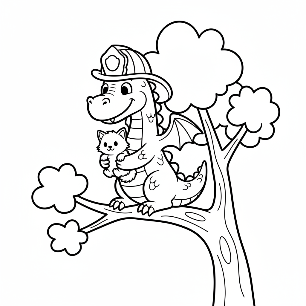 Ausmalbild Drache mit Feuerwehrhelm und Kätzchen