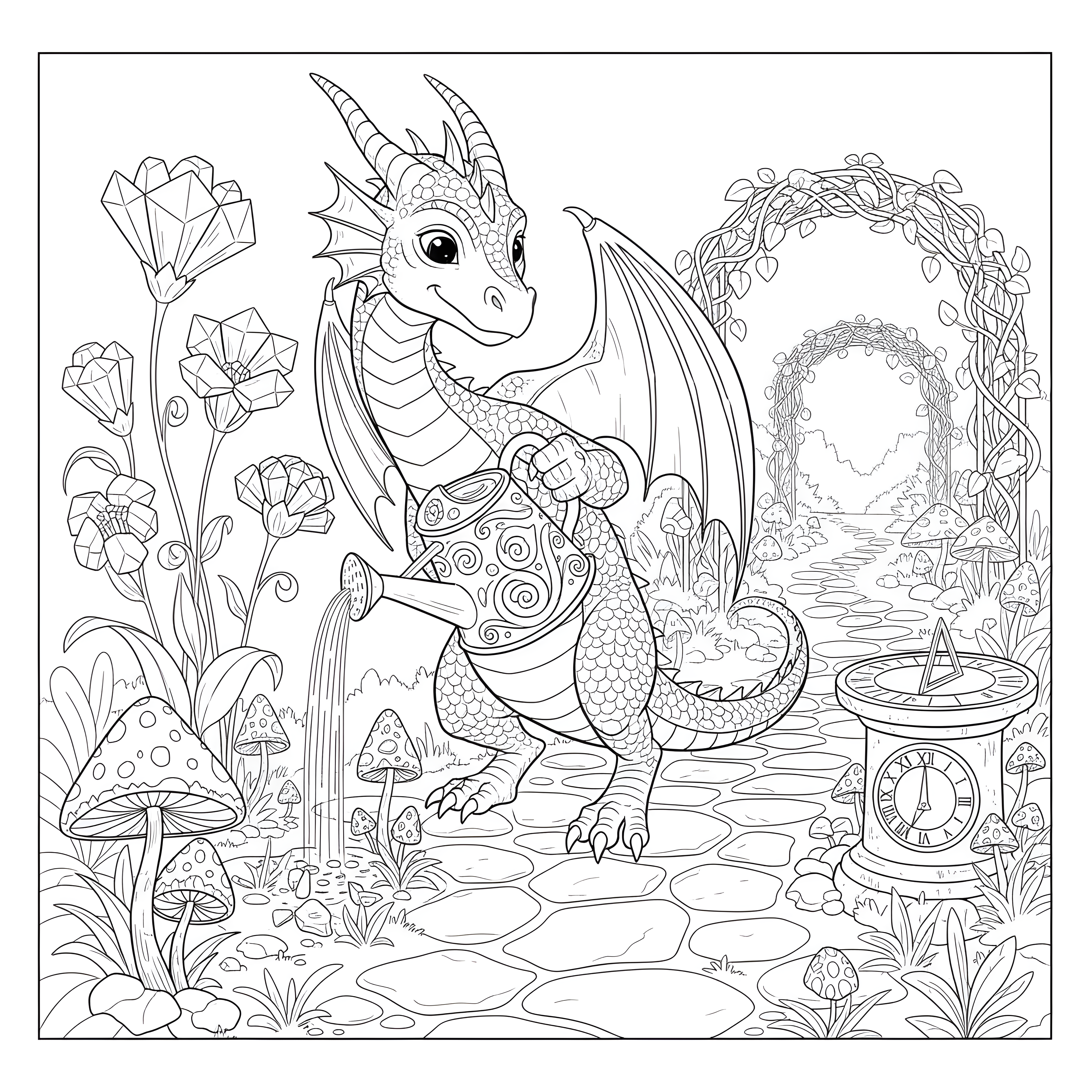 Drache pflegt magischen Kristallblumen-Garten