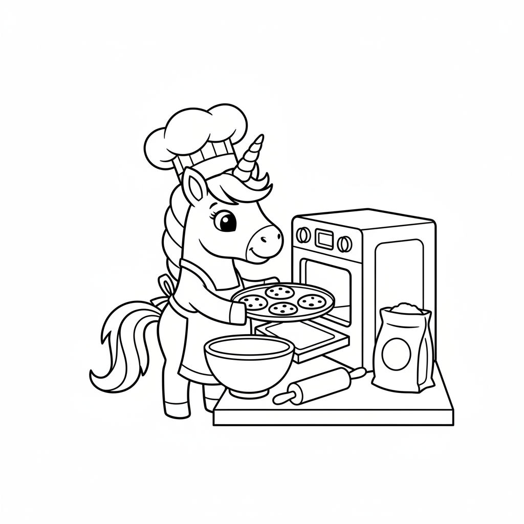 Ausmalbild Einhorn beim Backen