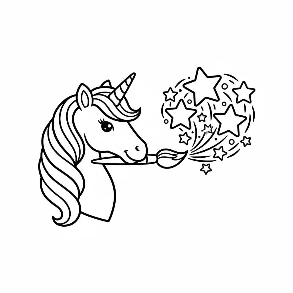 Einhorn mit Pinsel und Sternen