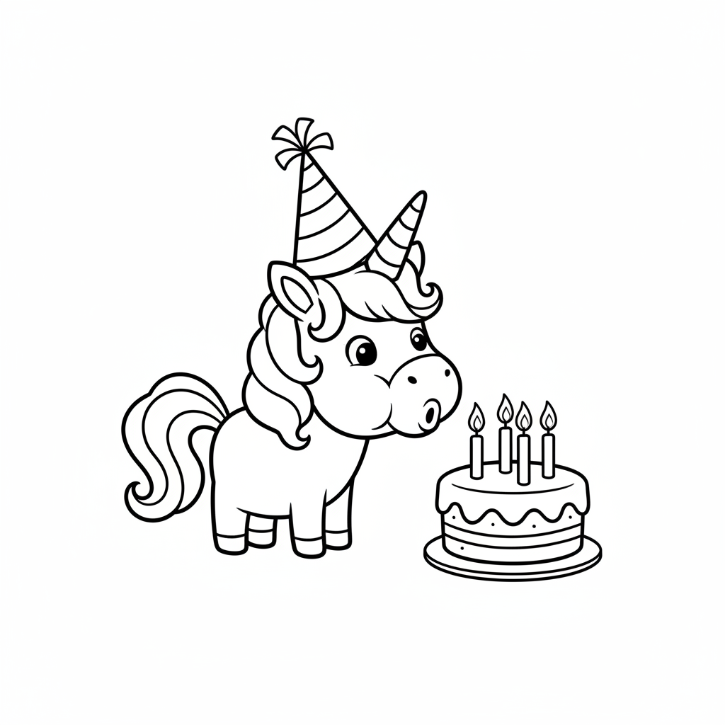 Ausmalbild Einhorn mit Geburtstagskuchen