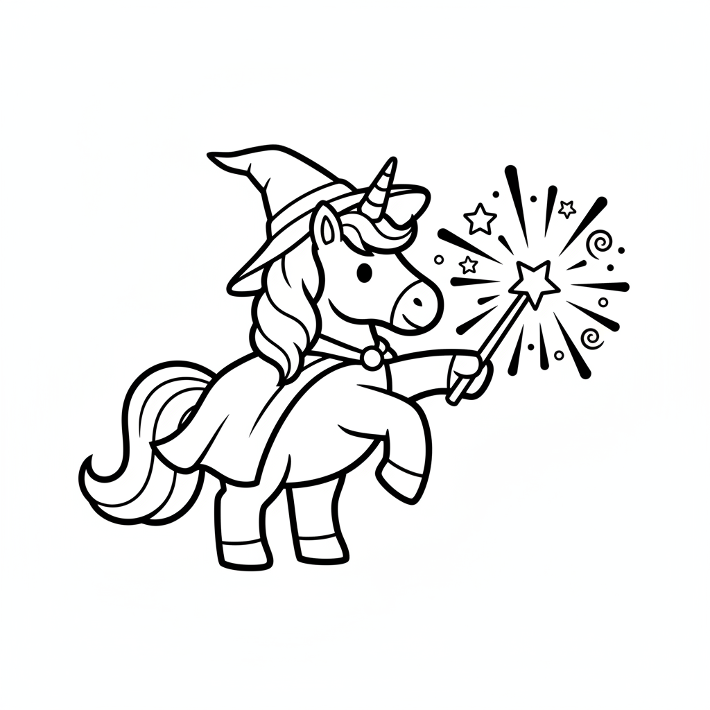 Fröhliches Einhorn mit Zauberhut Ausmalbild