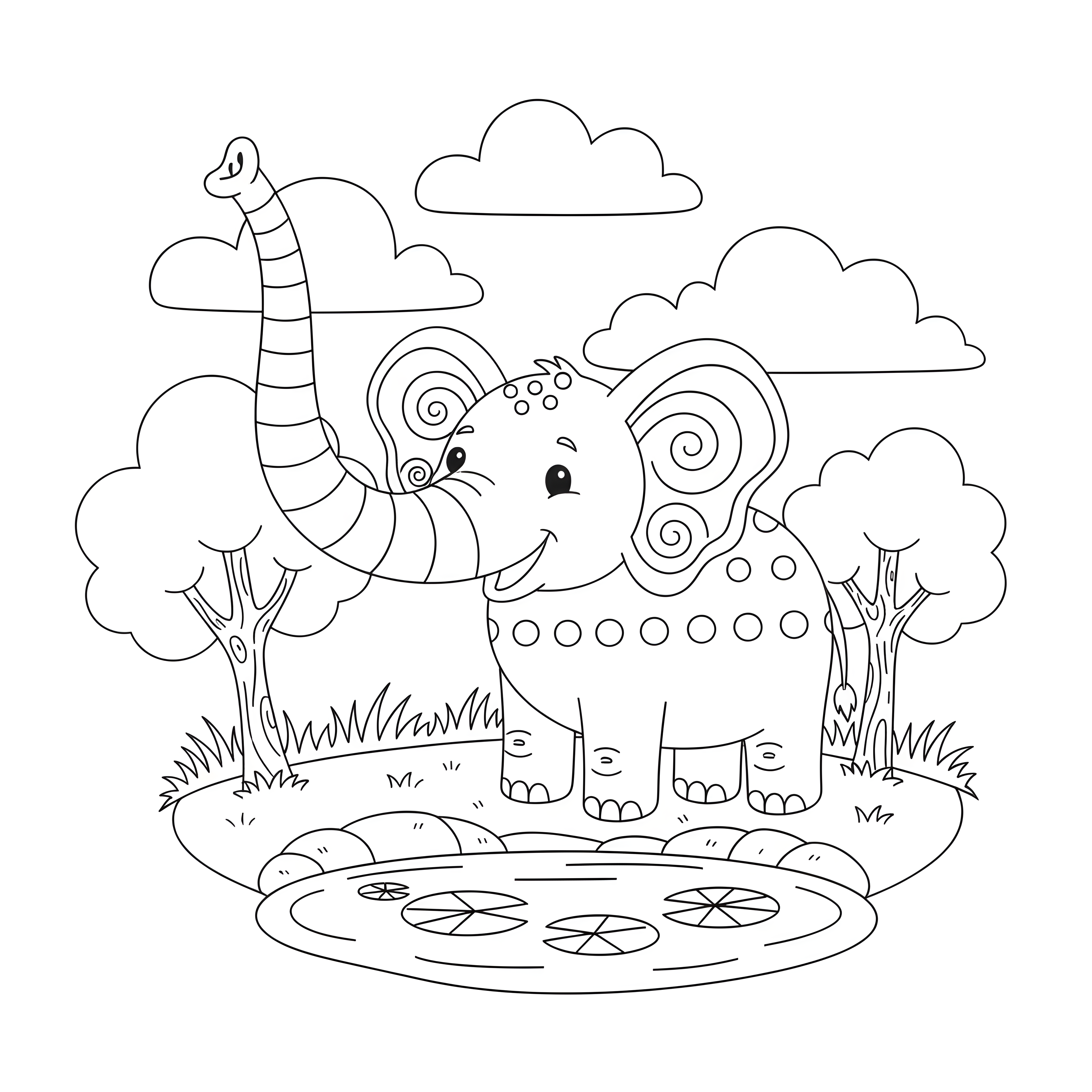 Freundlicher Elefant am Wasserloch mit Bäumen zum Ausmalen