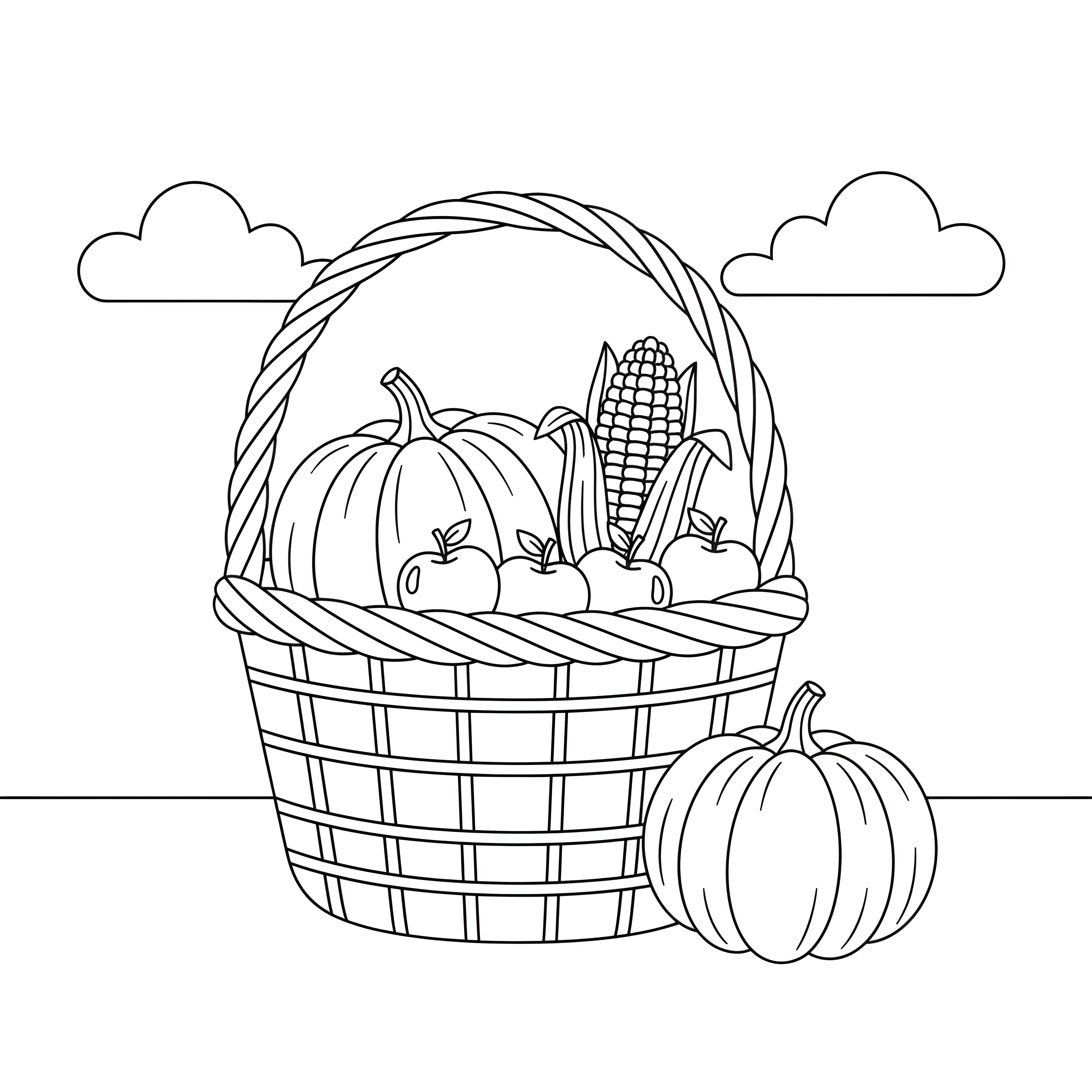Erntekorb mit Herbstgemüse und Äpfeln zum Ausmalen