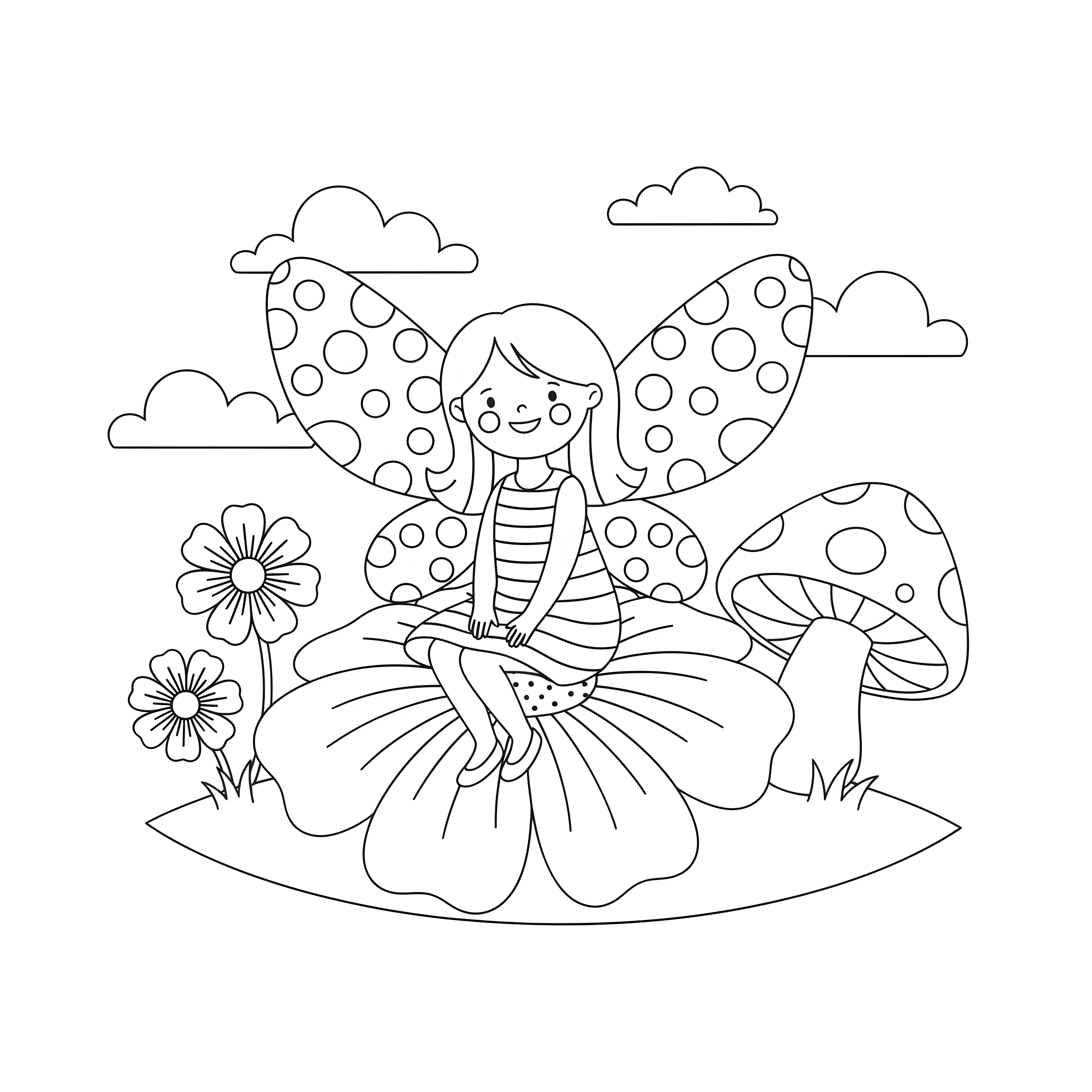 Freundliche Fee auf Blume mit Pilz und Blüten