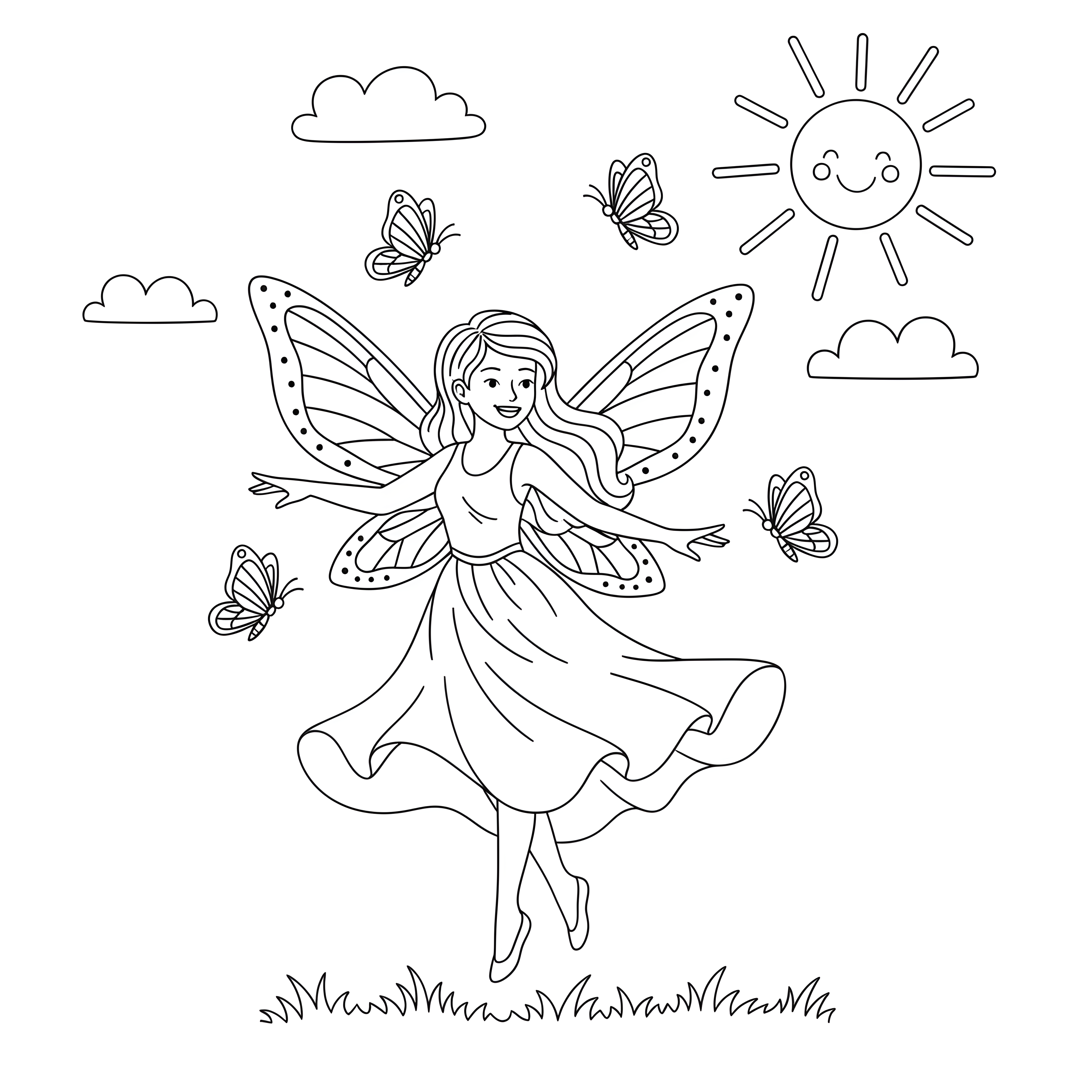 Tanzende Fee mit 3 Schmetterlingen zum Ausmalen