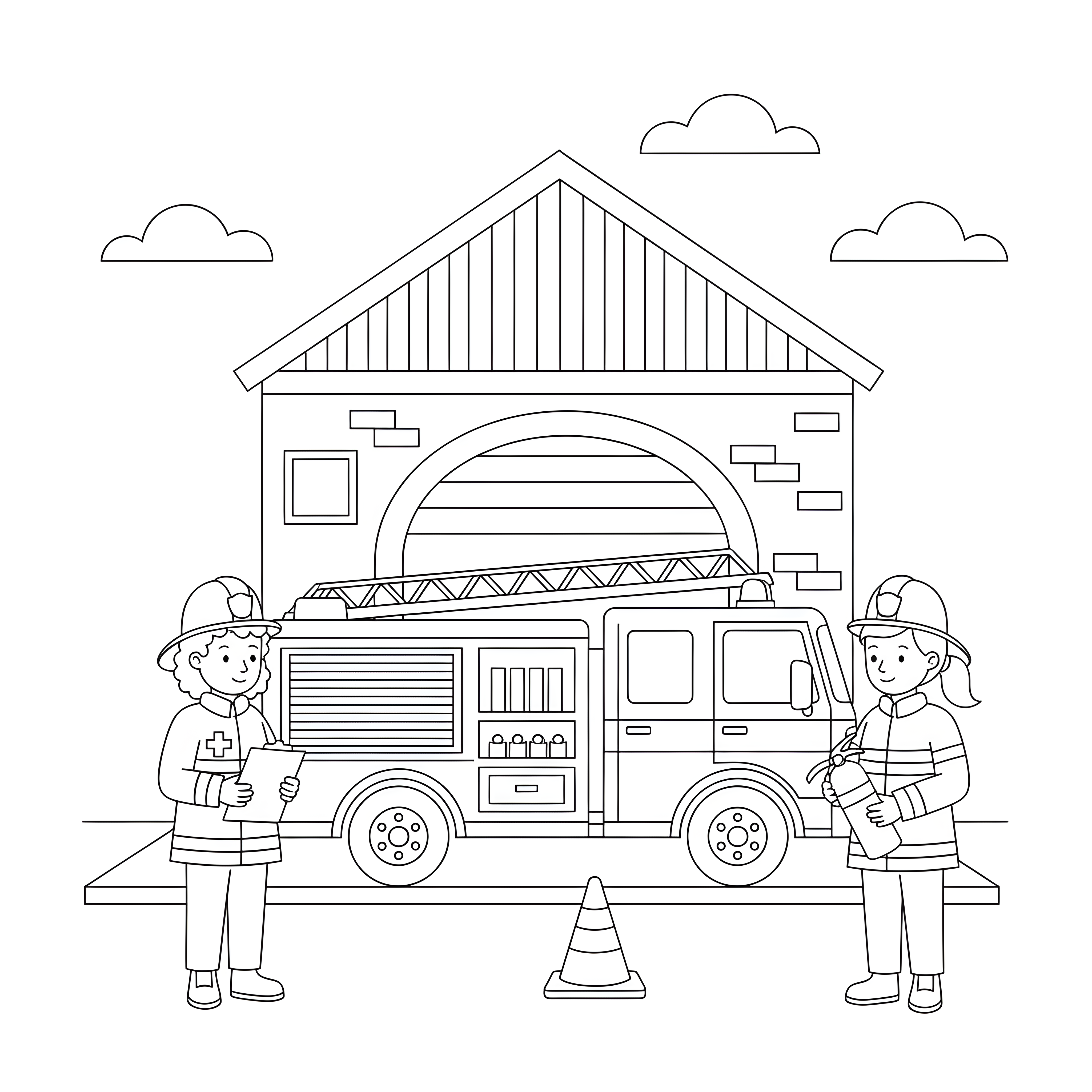 Feuerwehrauto an der Wache mit zwei Feuerwehrleuten