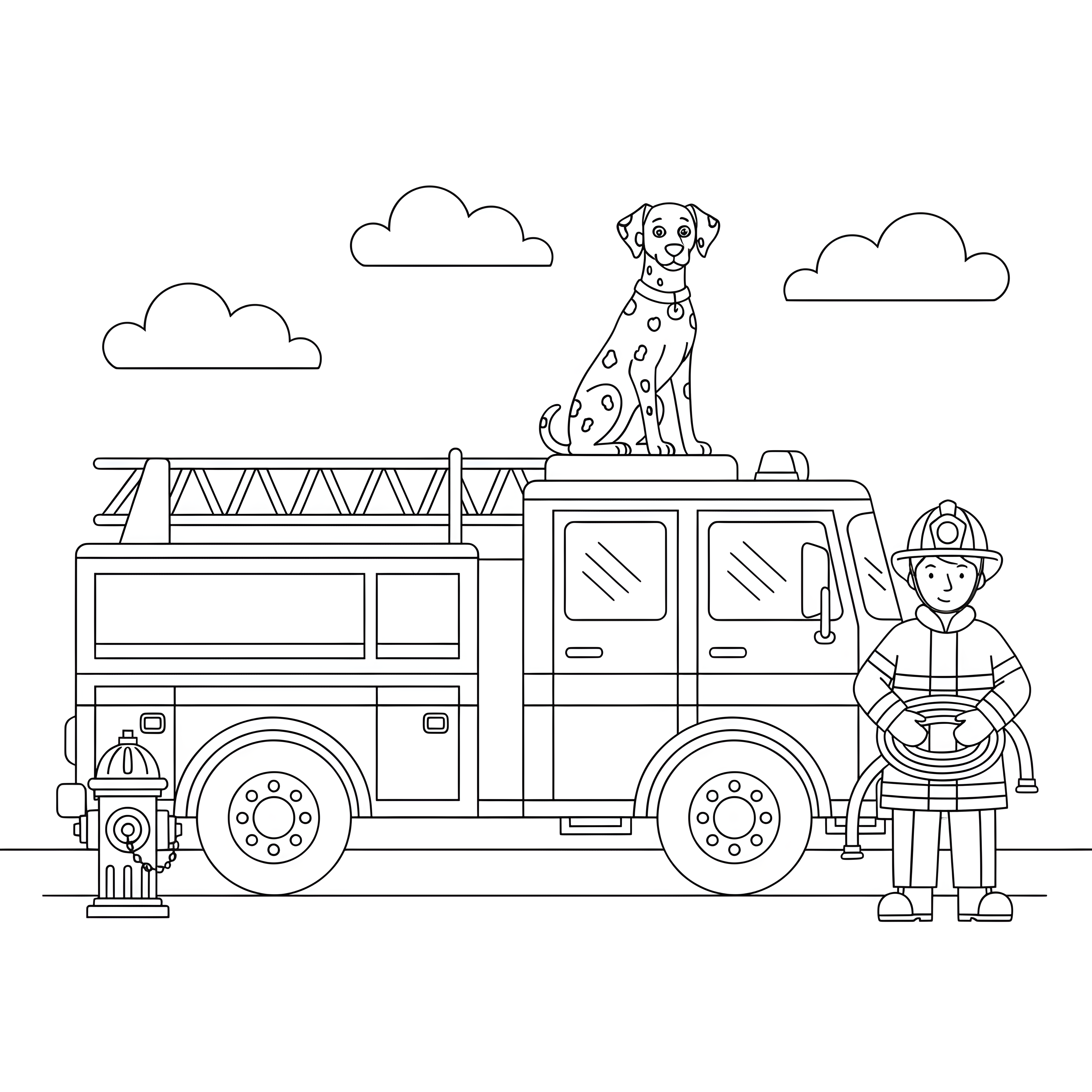 Feuerwehrauto mit Dalmatiner und Feuerwehrmann