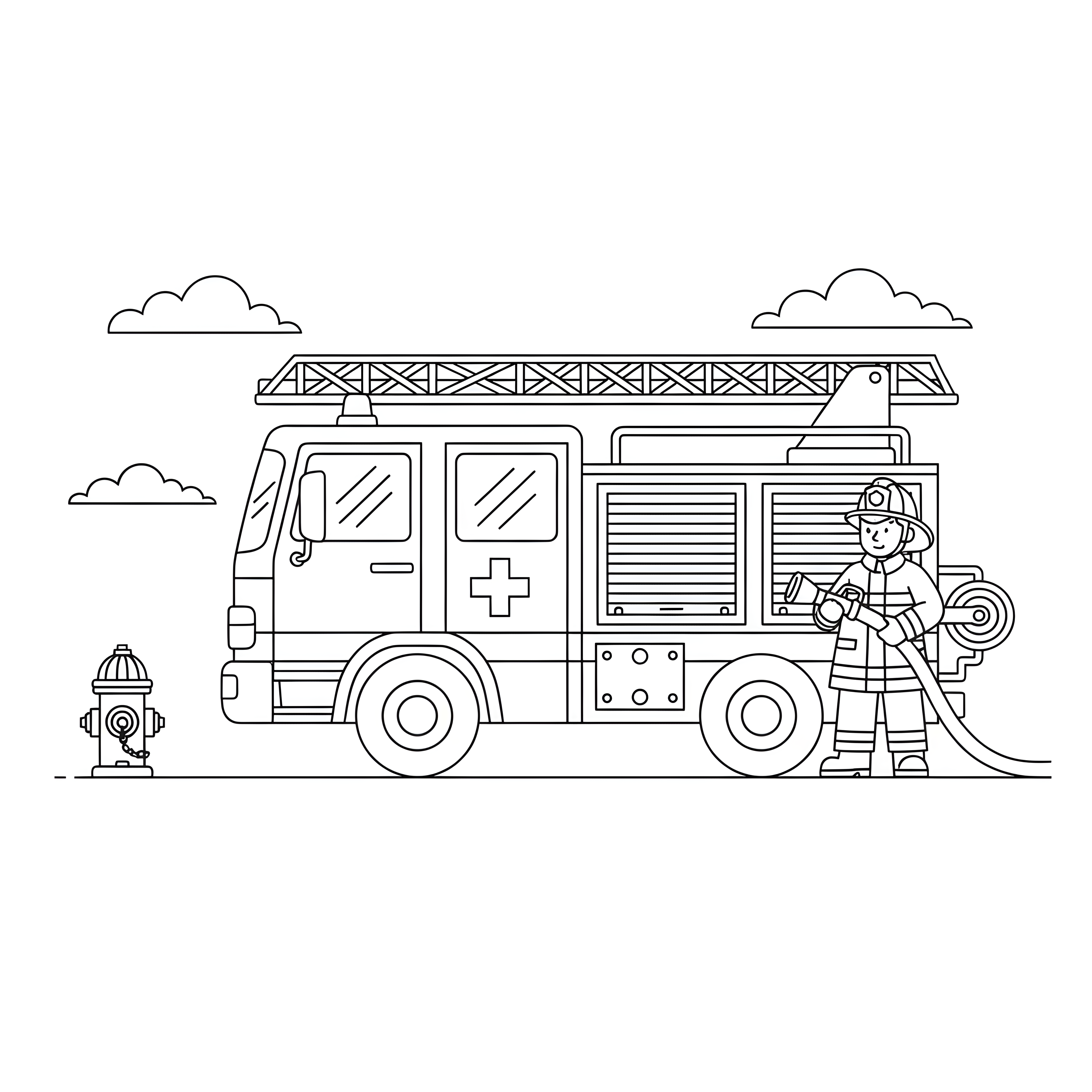 Feuerwehrauto mit Feuerwehrmann und Löschschlauch