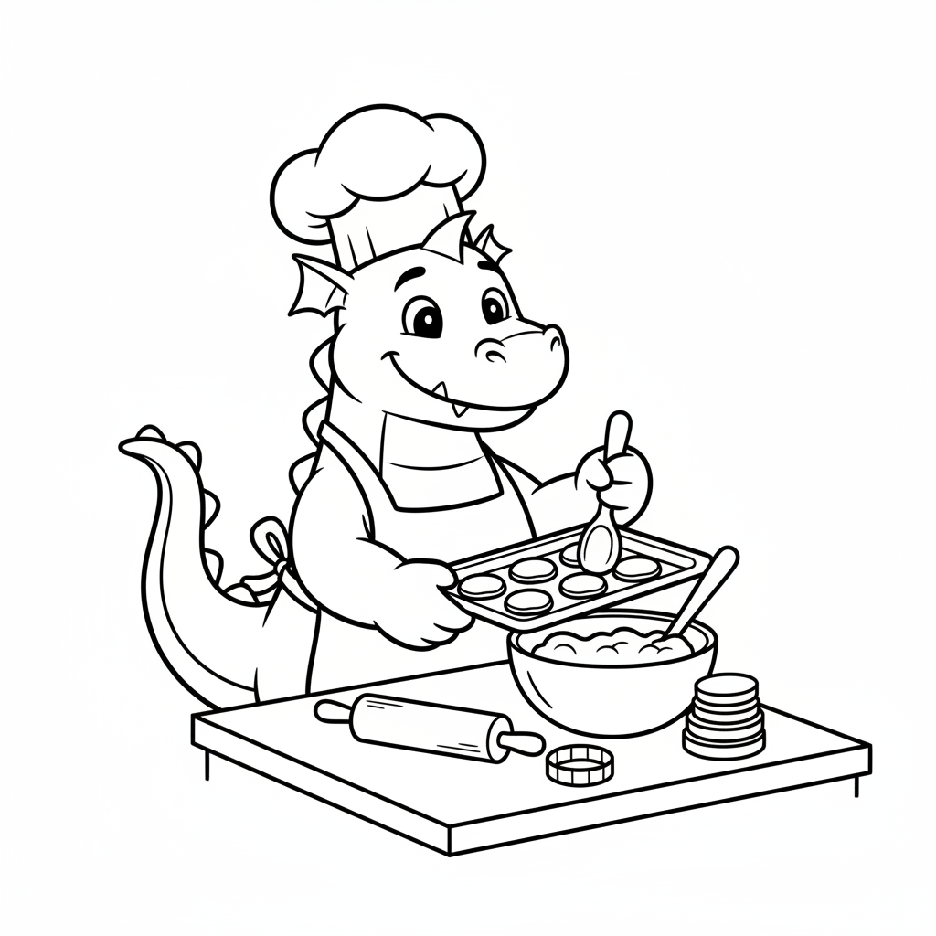 Ausmalbild freundlicher Drache als Bäcker