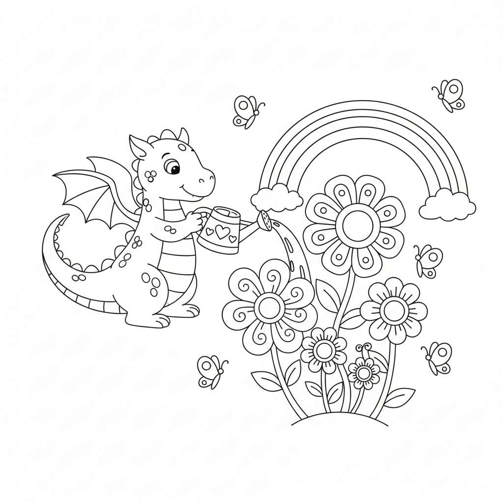 Netter Drache gießt Blumen unter dem Regenbogen