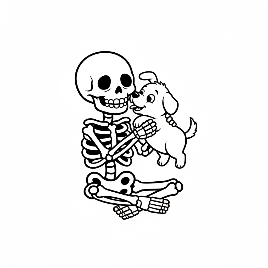 Freundliches Skelett mit Welpe
