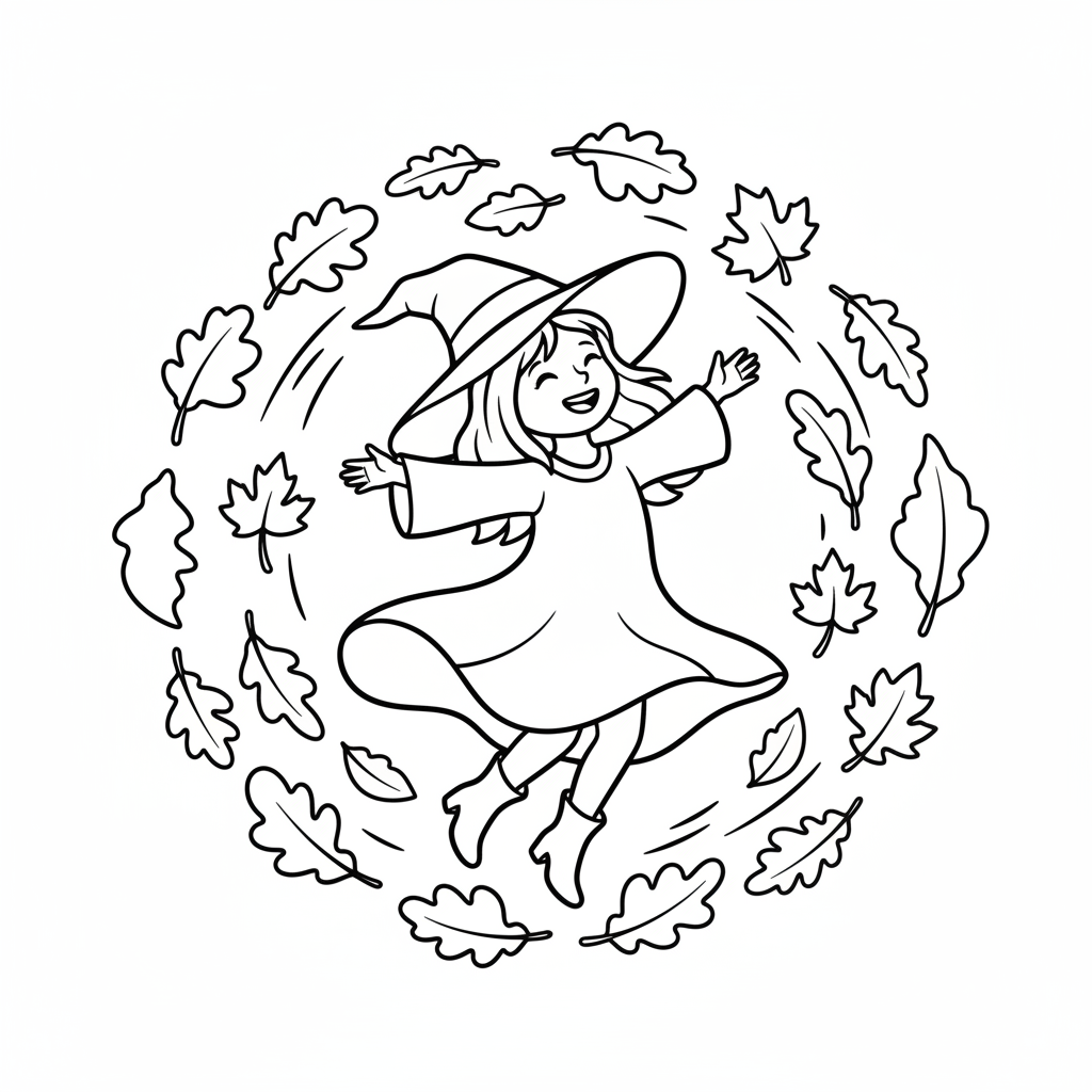 Fröhliche Hexe mit Herbstblättern