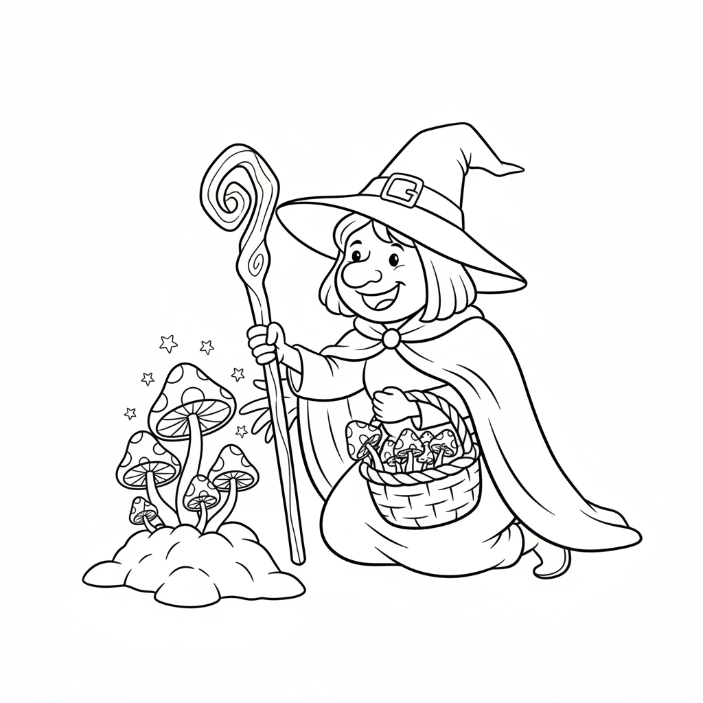 Fröhliche Hexe mit Pilzen