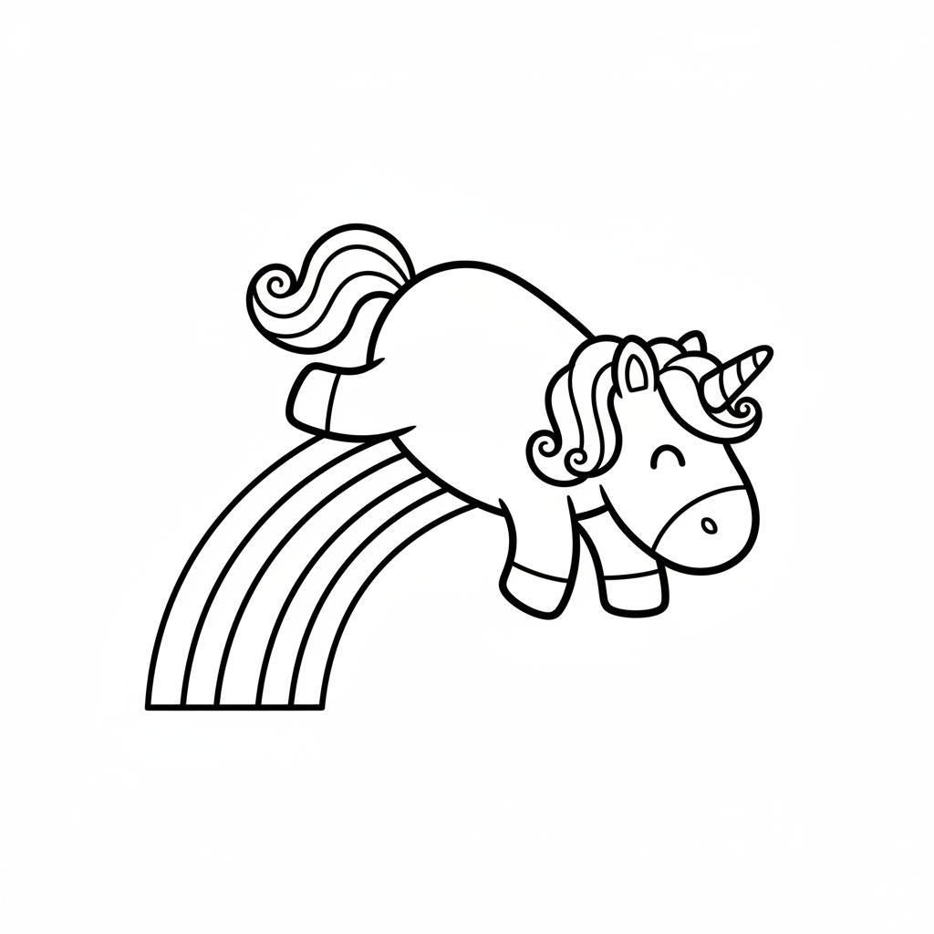 Ausmalbild fröhliches Einhorn auf Regenbogen