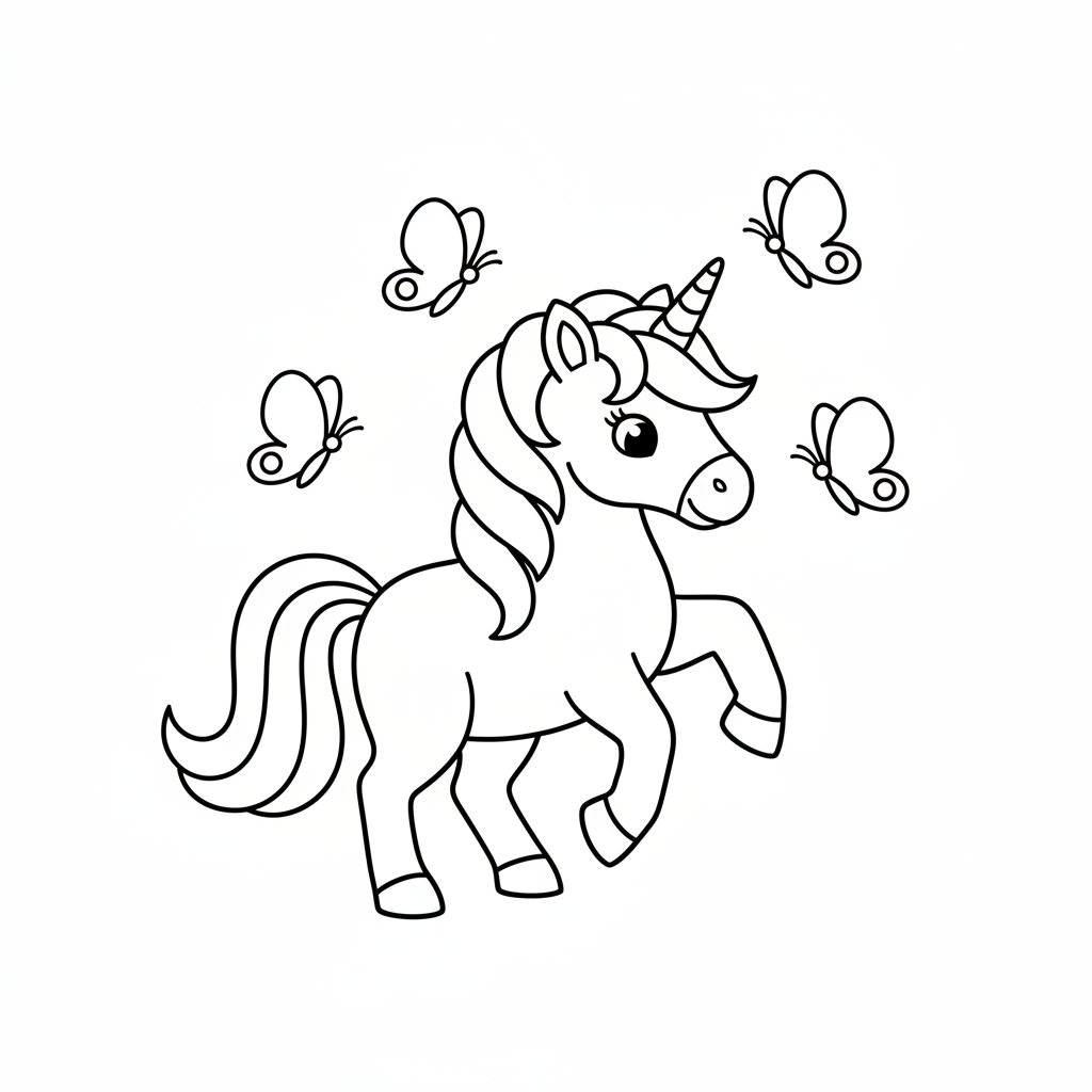 Ausmalbild fröhliches Einhorn mit Schmetterlingen