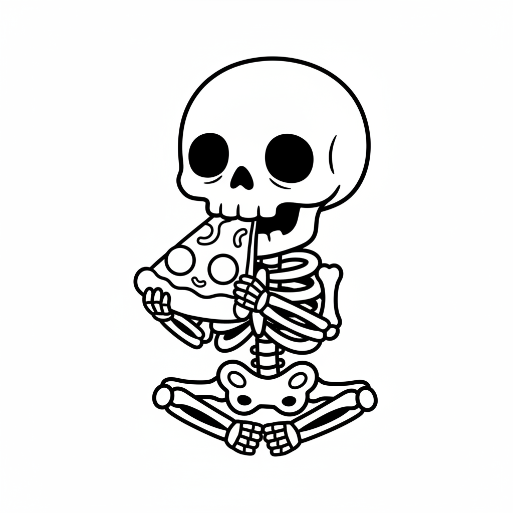 Fröhliches Skelett mit Pizza