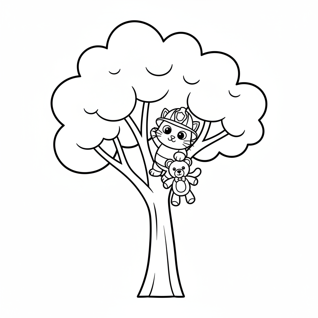 Ausmalbild Kätzchen im Baum mit Feuerwehrhelm