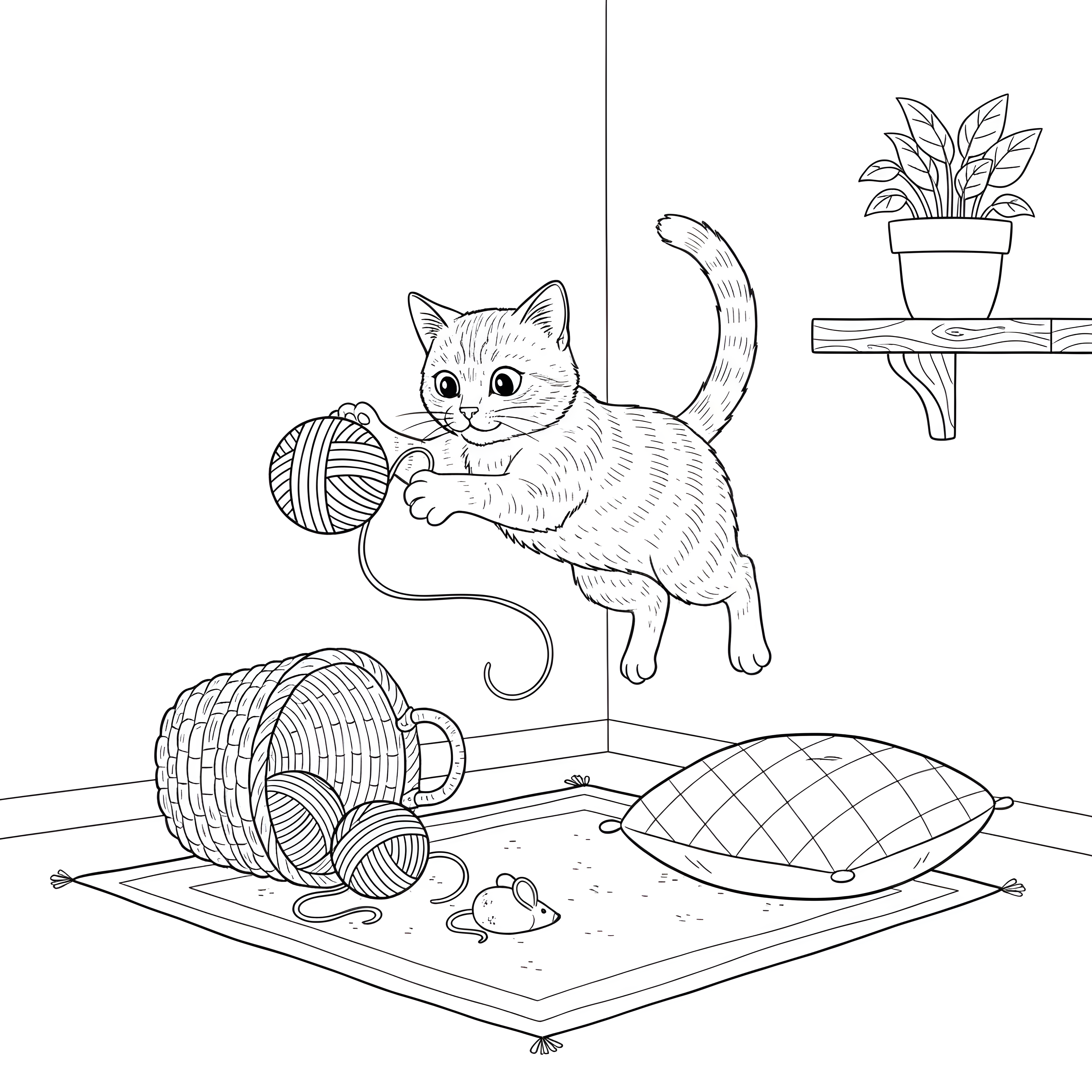 Katze springt nach Wollknäuel mit umgekipptem Korb