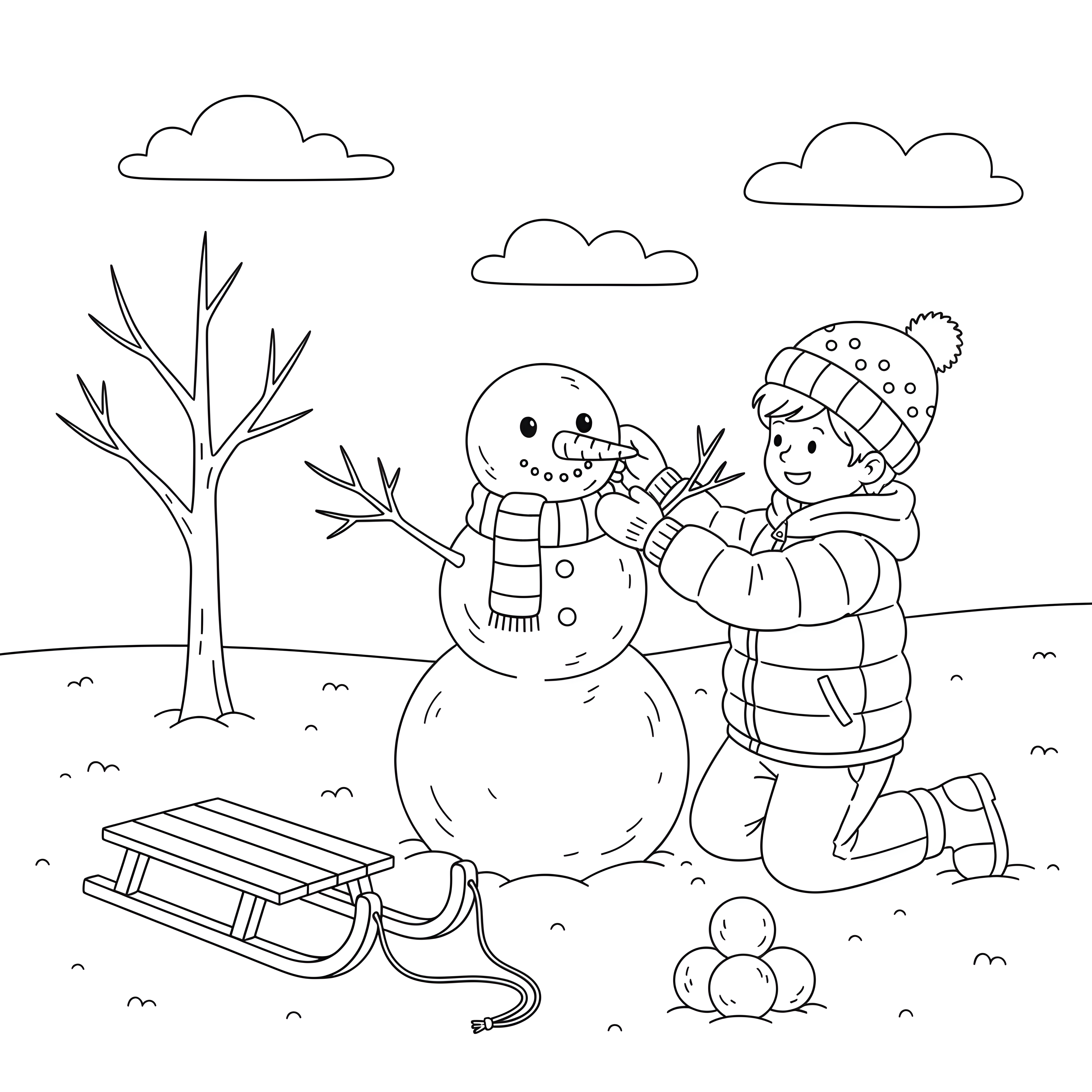 Kind baut Schneemann mit Karottennase im Winter