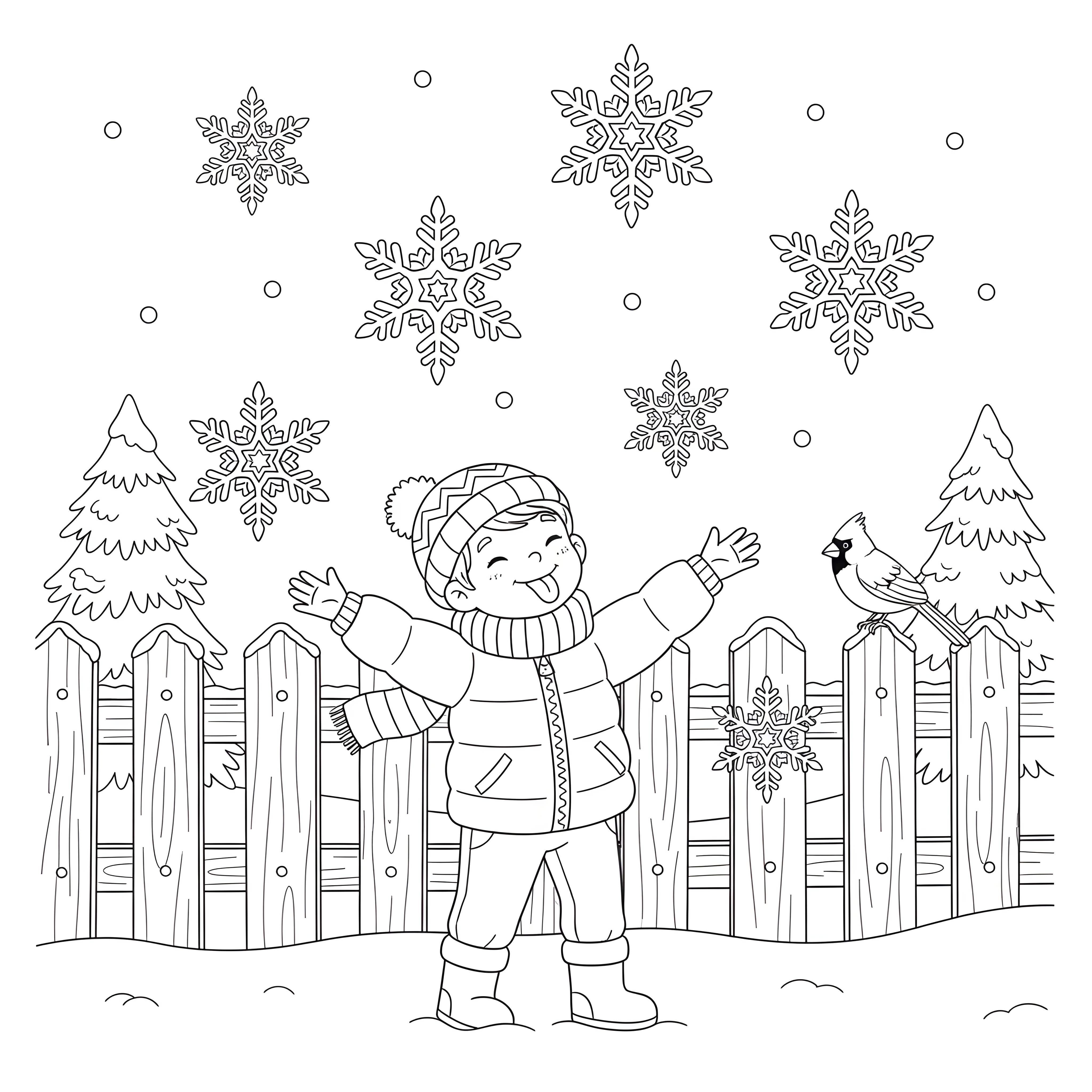 Kind fängt Schneeflocken mit Zunge im Winterwunderland