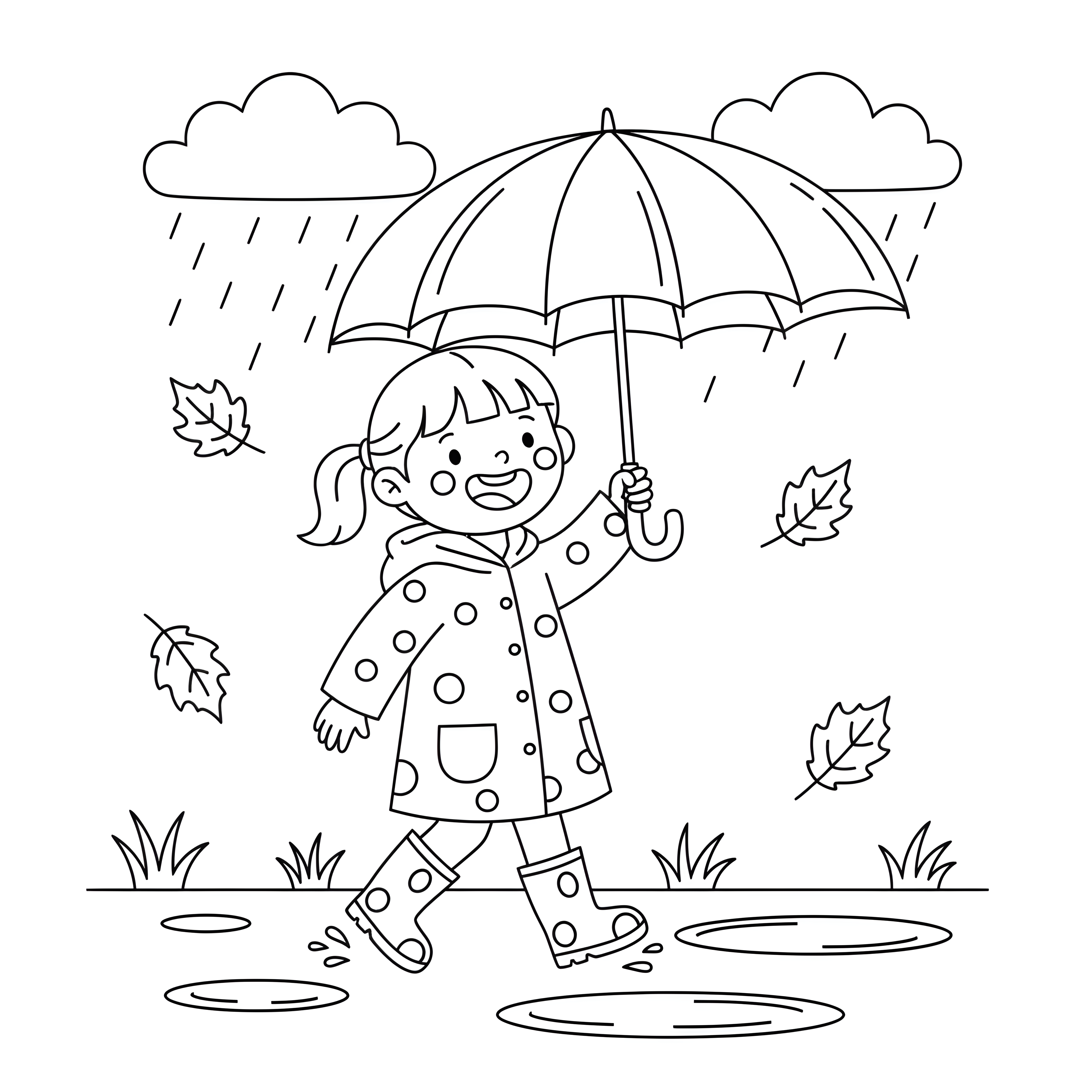 Kind im Herbstregen mit Regenschirm und Gummistiefeln