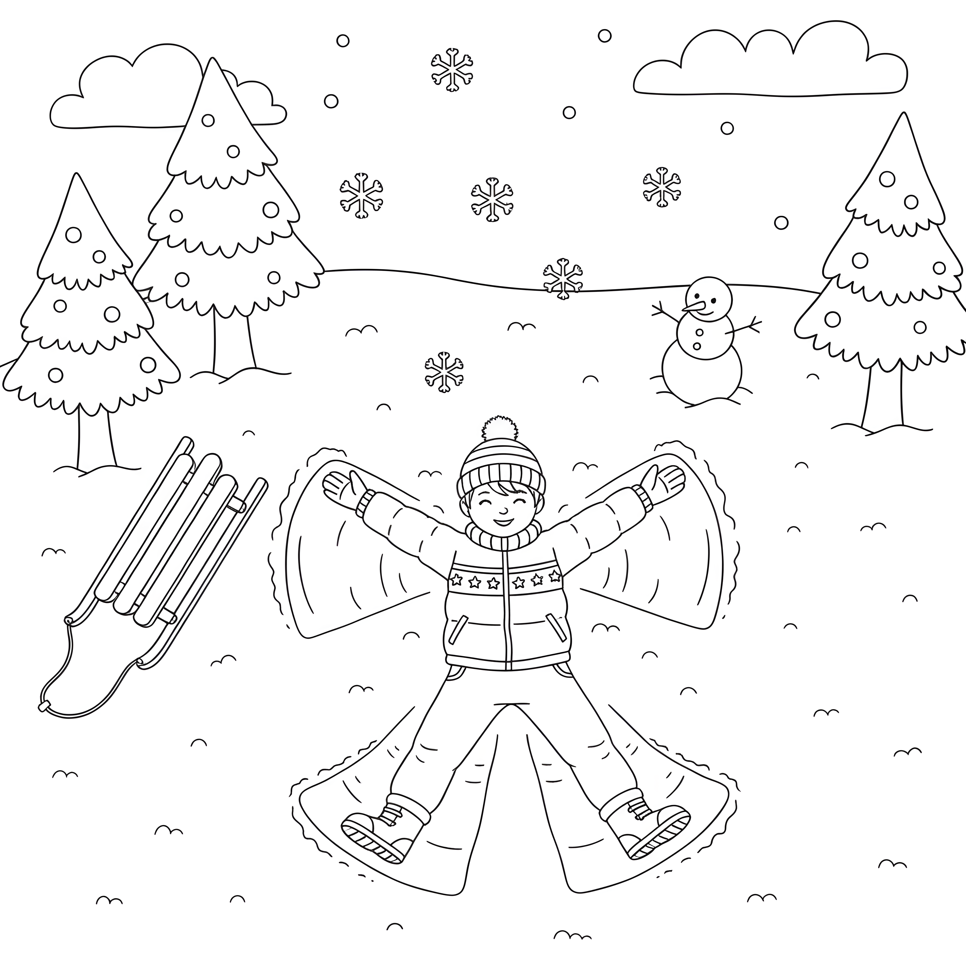 Kind macht Schneeengel im Winter zum Ausmalen