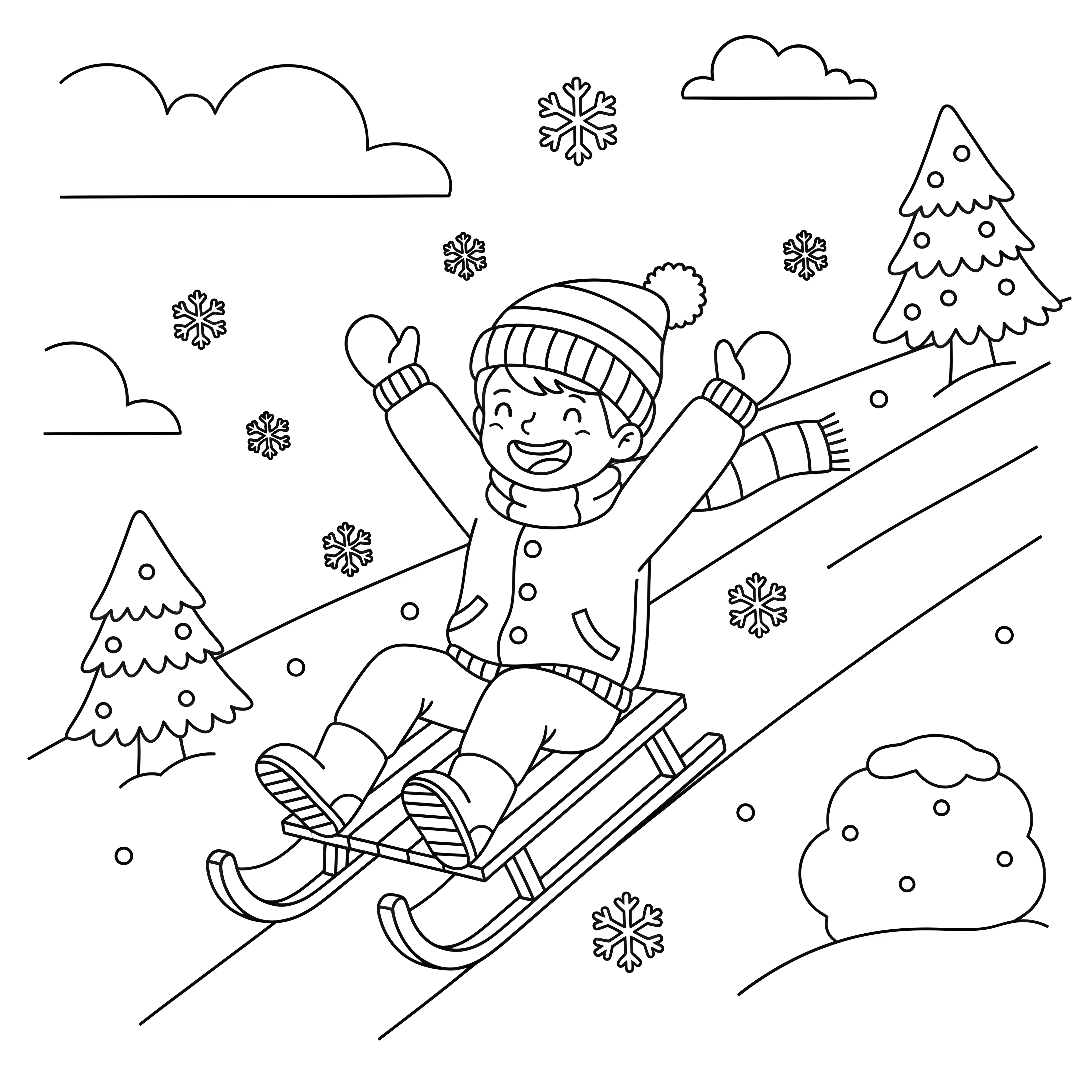 Kind rodelt fröhlich einen verschneiten Hügel hinunter