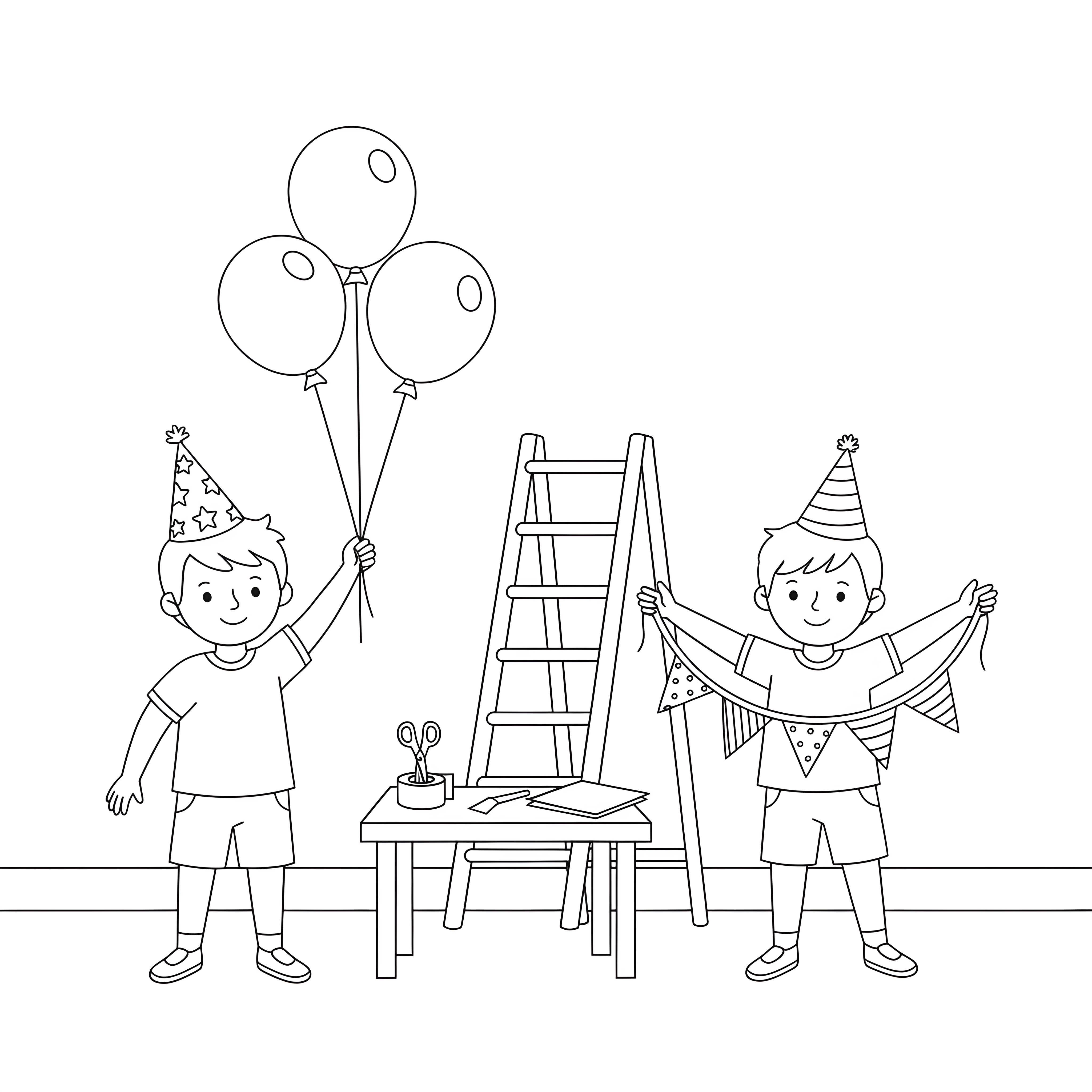 Kinder schmücken mit Luftballons und Girlanden für Karneval