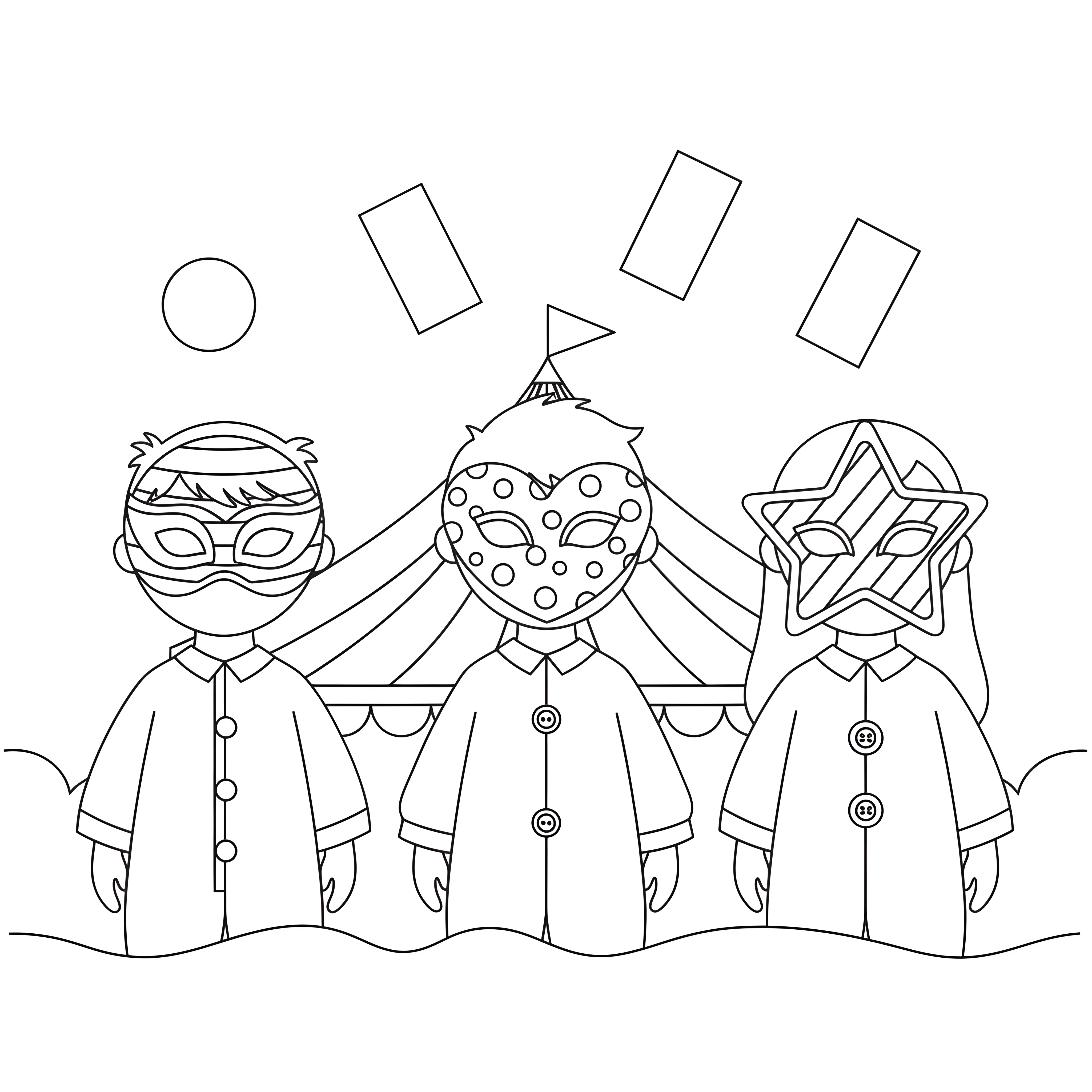 Kinder tragen fröhliche Karnevalsmasken