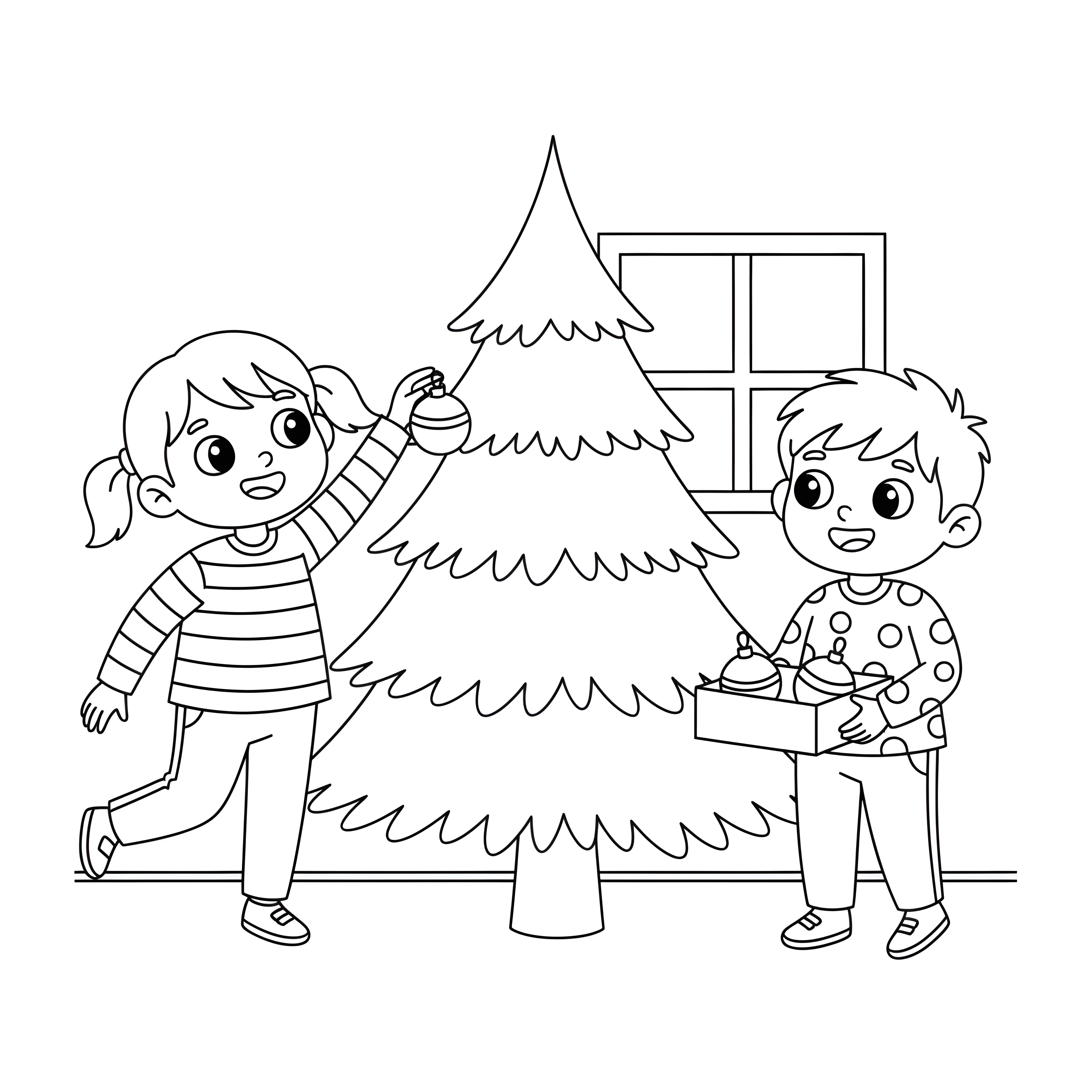 Zwei Kinder schmücken gemeinsam einen Weihnachtsbaum