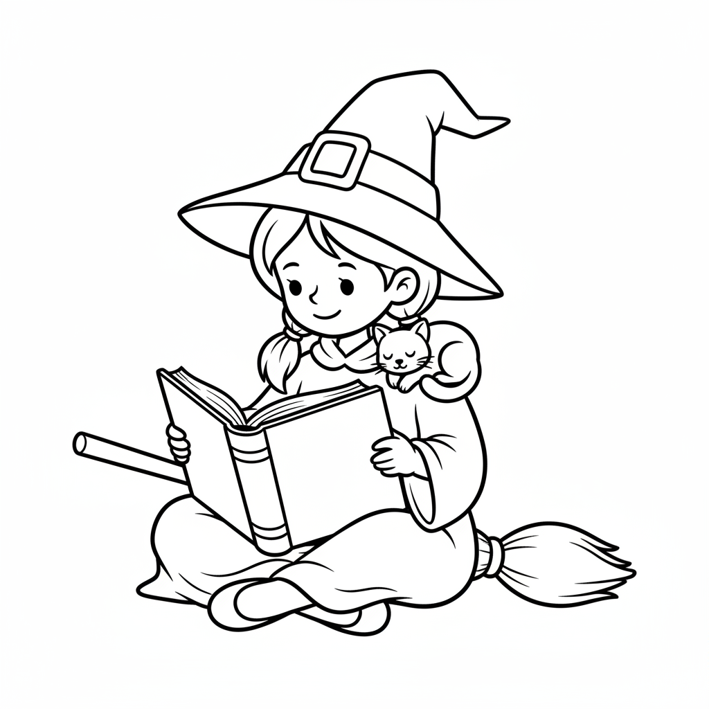 Kleine Hexe mit Buch und Kater