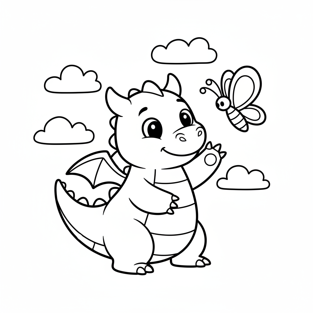 Kleiner Drache spielt mit zartem Schmetterling