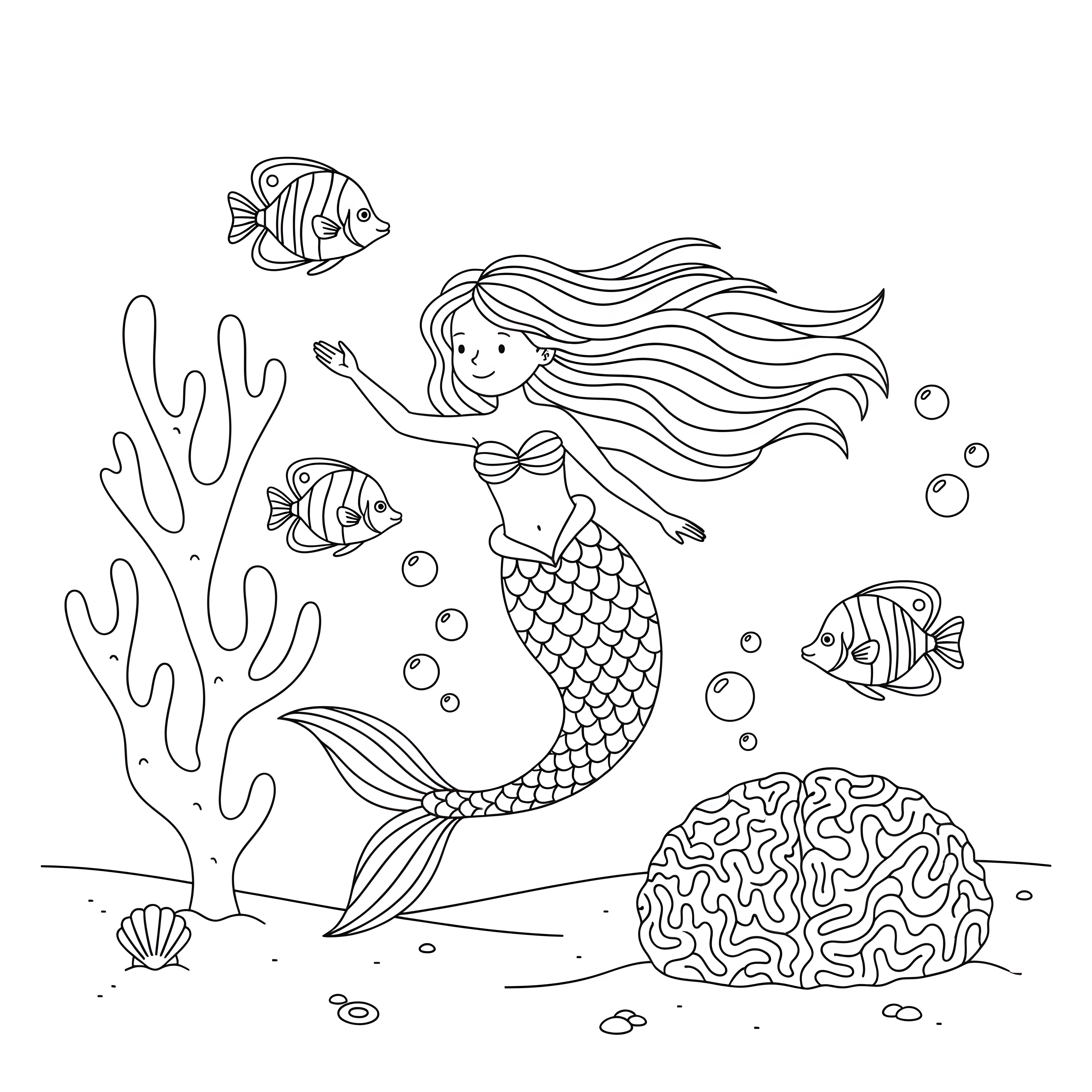 Meerjungfrau im Korallenriff mit Fischen zum Ausmalen