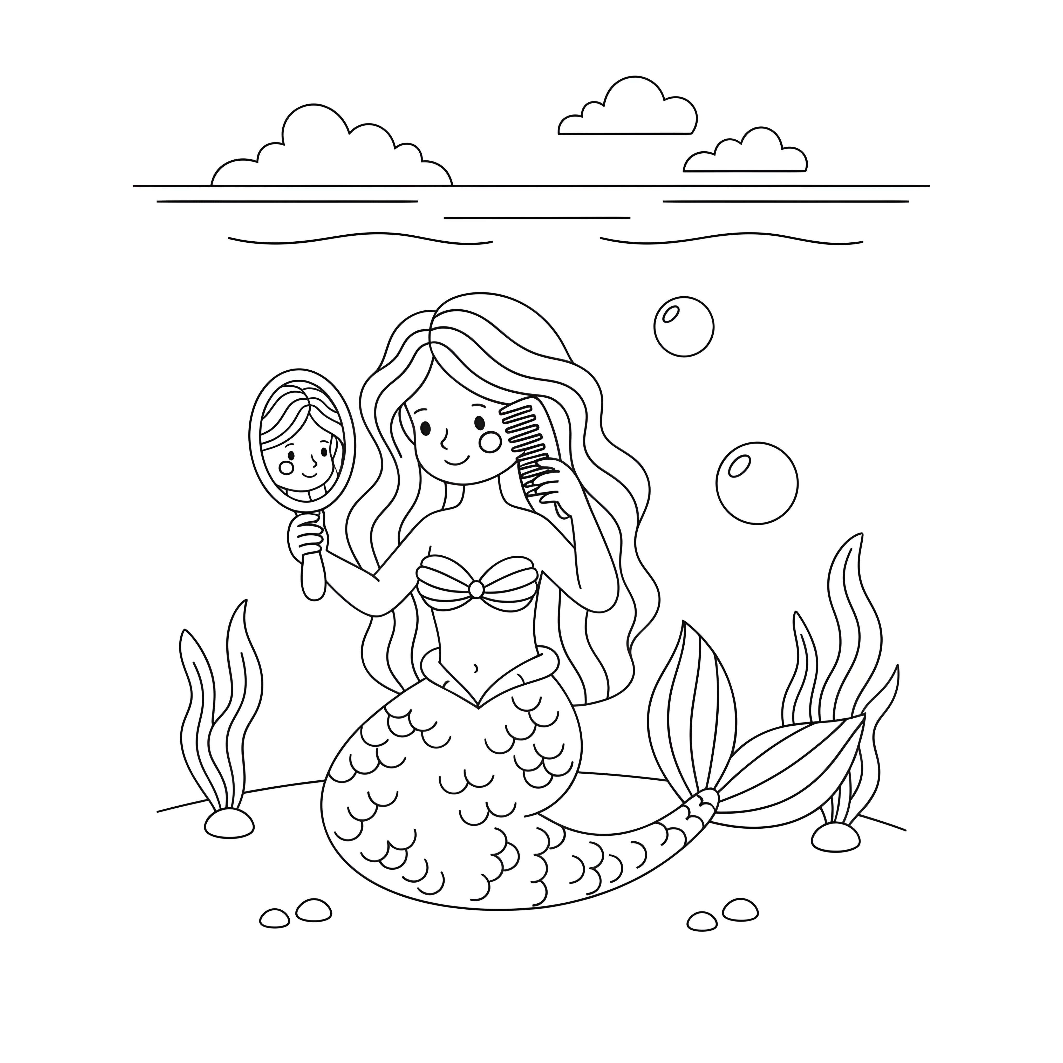 Meerjungfrau mit Spiegel und Kamm zum Ausmalen