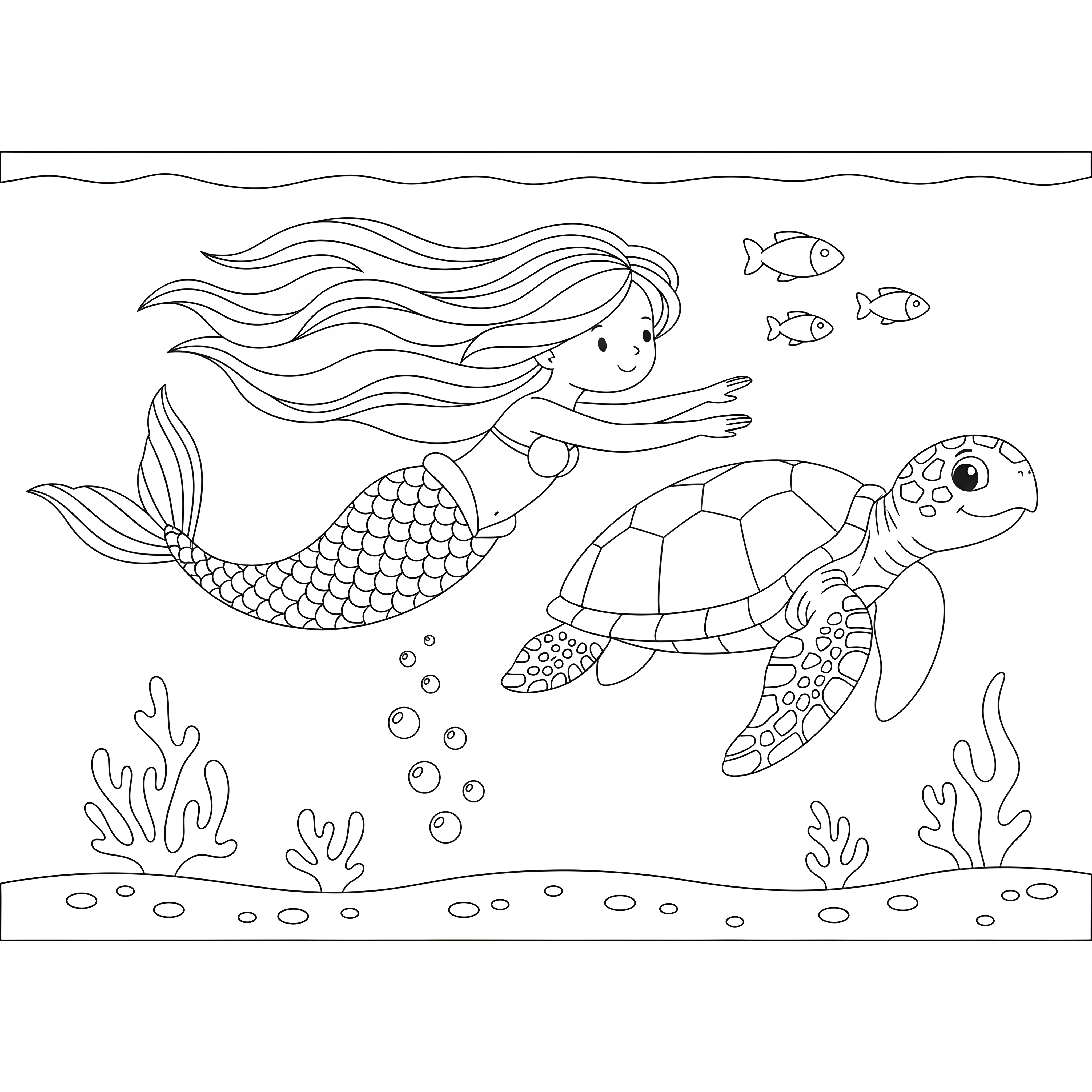 Meerjungfrau schwimmt mit Meeresschildkröte zum Ausmalen