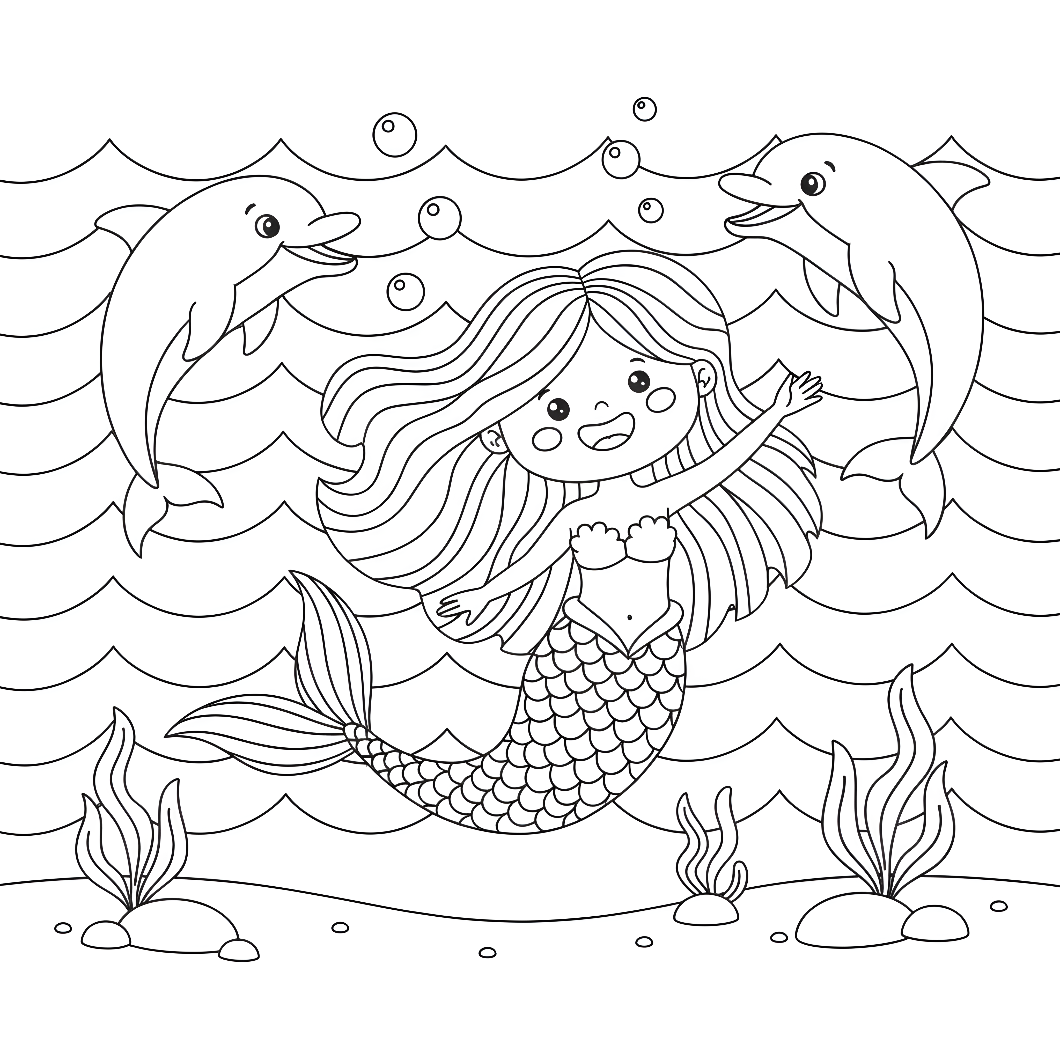 Meerjungfrau schwimmt mit Delfinen