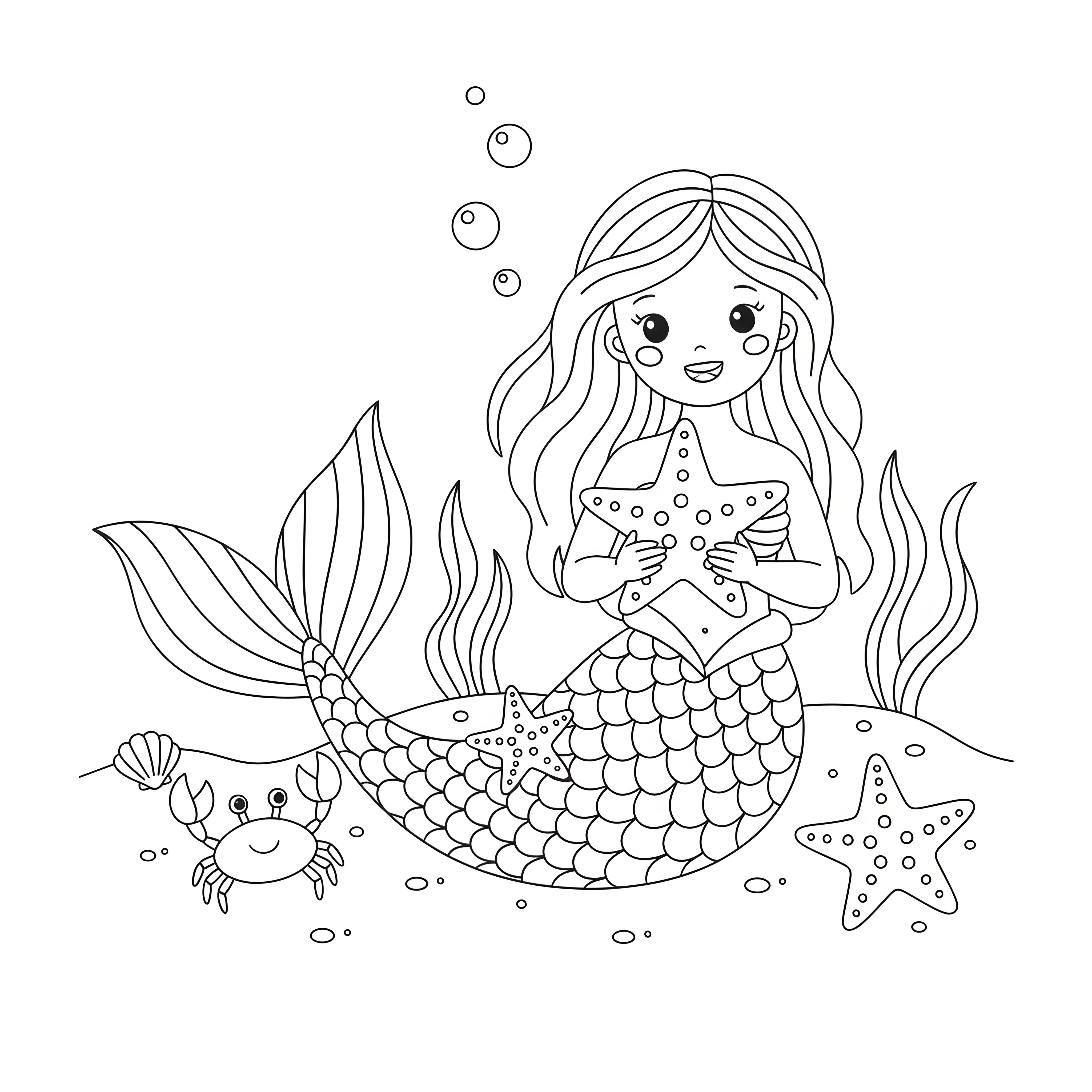 Meerjungfrau spielt mit Seesternen und Krabbe am Meeresgrund