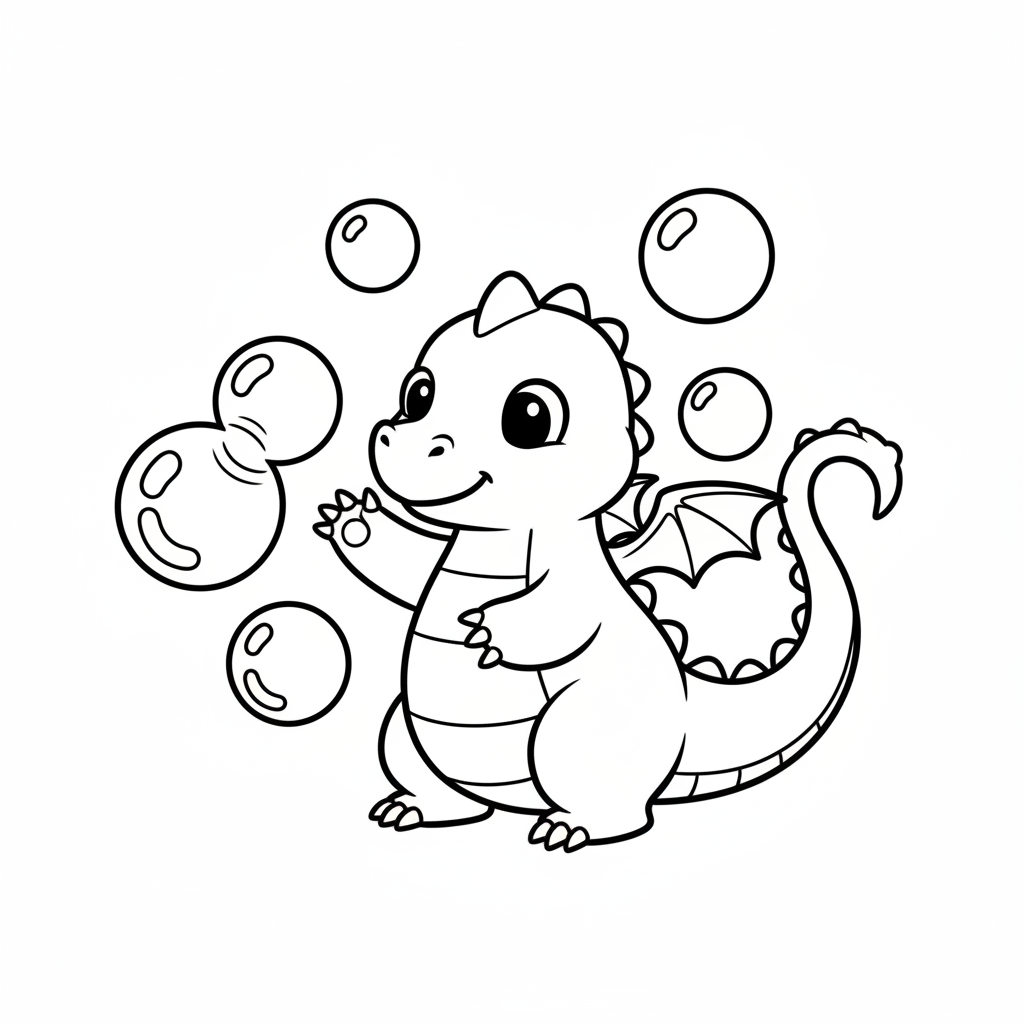 Ausmalbild niedlicher Baby-Drache mit Blasen
