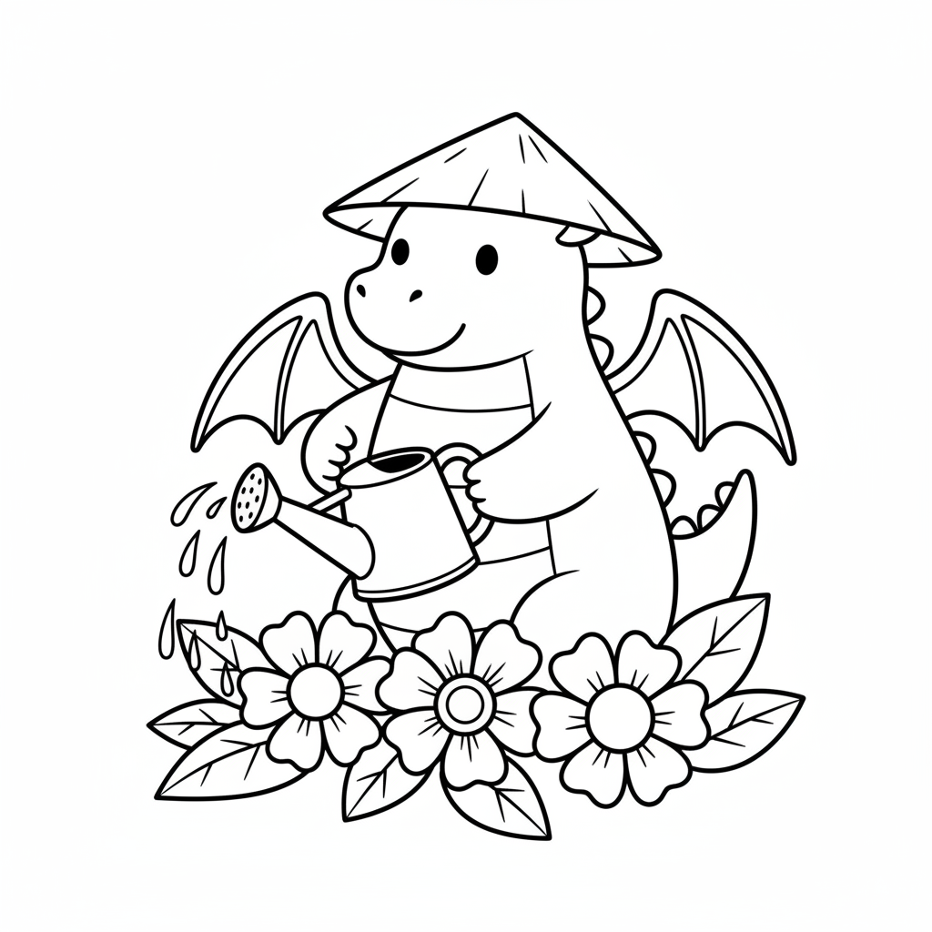 Niedlicher Drache mit Gießkanne