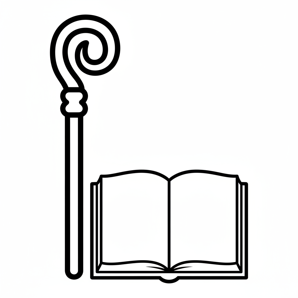 Bischofsstab mit Spirale und offenes Buch