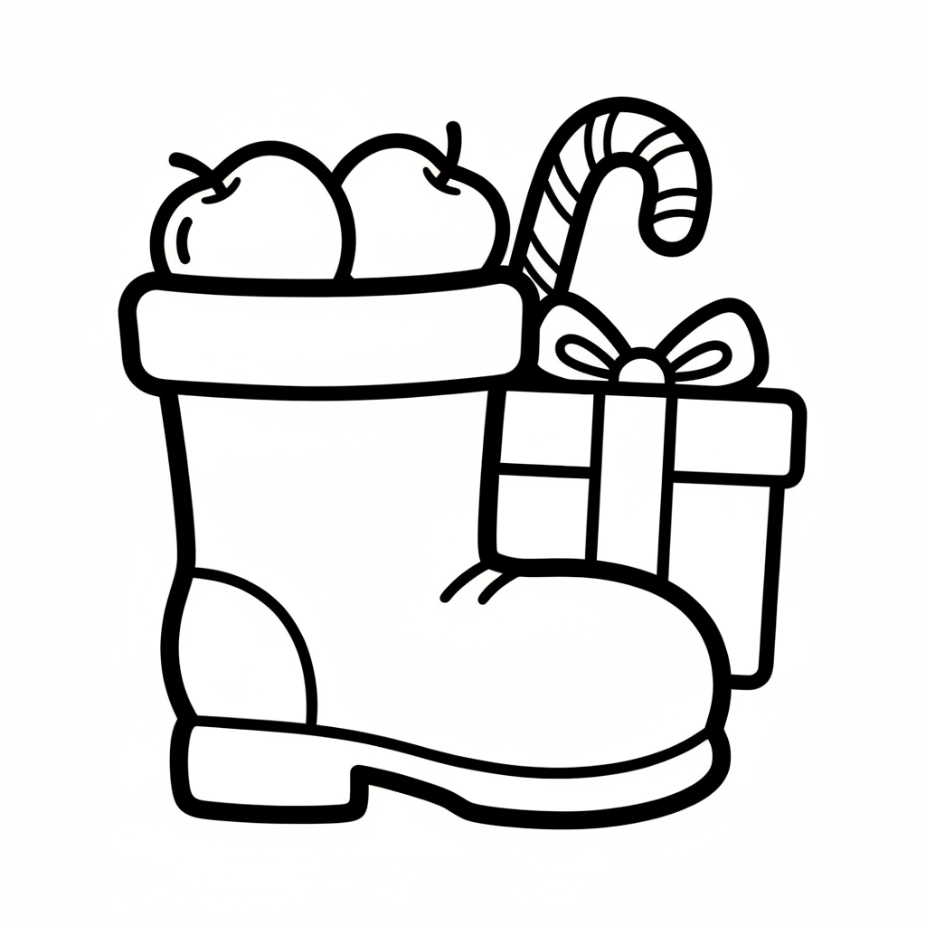 Nikolausstiefel mit Apfel, Zuckerstange und Geschenk