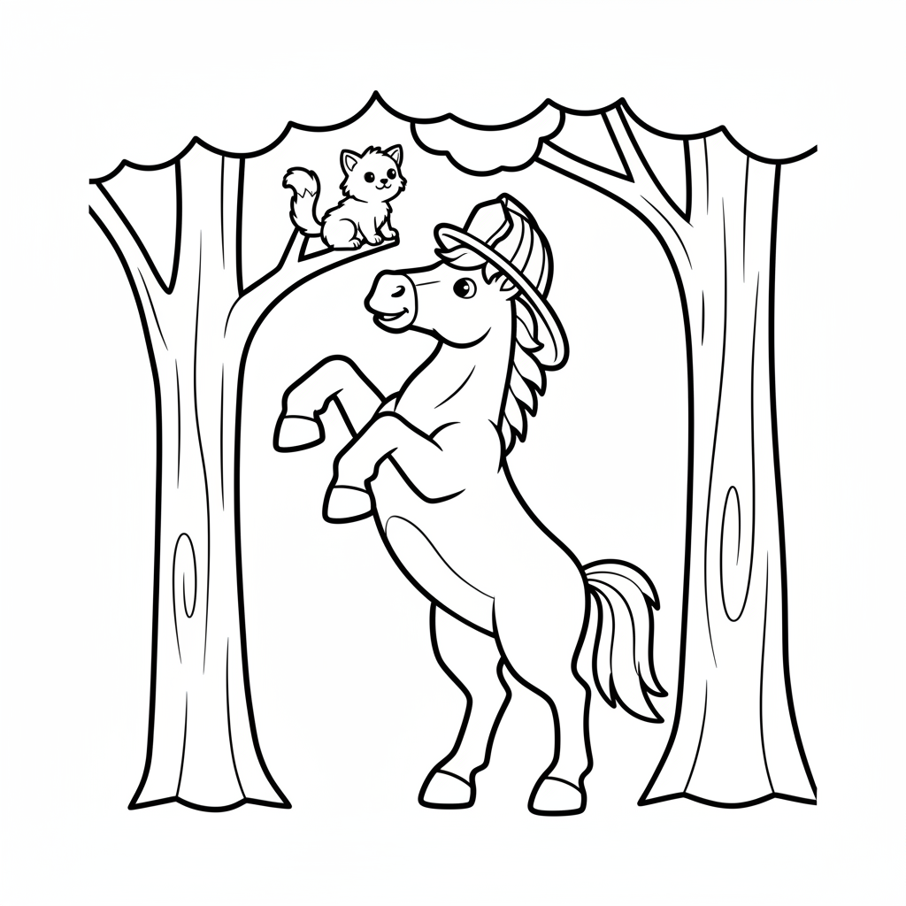 Pferd im Feuerwehrhelm mit Kätzchen